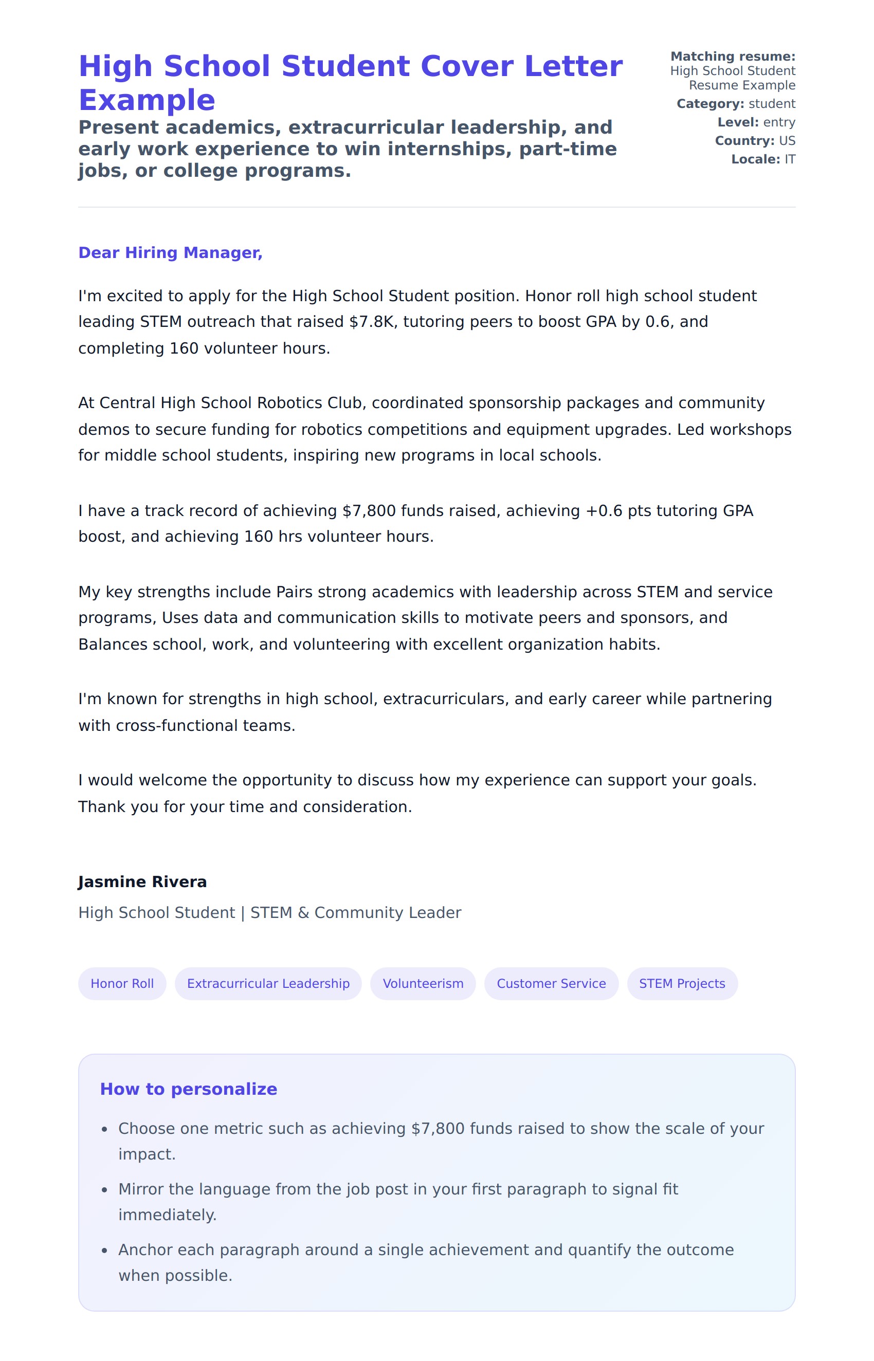 Cover Letter preview for High School Student Cover Letter Example