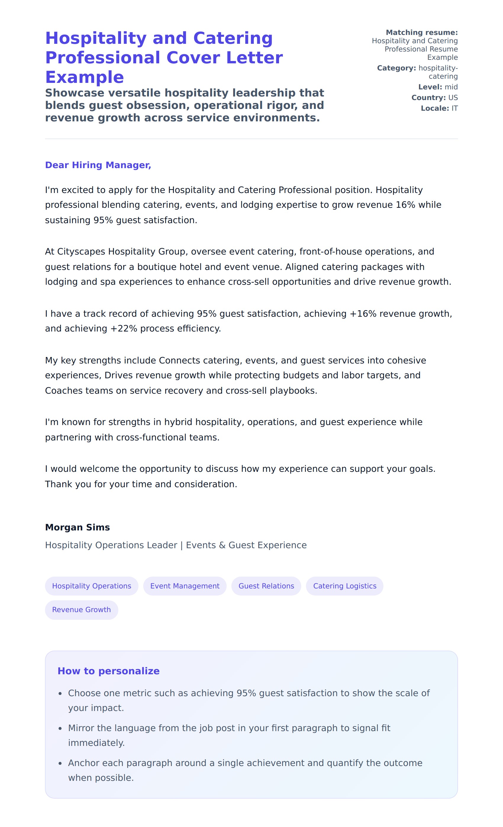 Cover Letter preview for Hospitality and Catering Professional Cover Letter Example