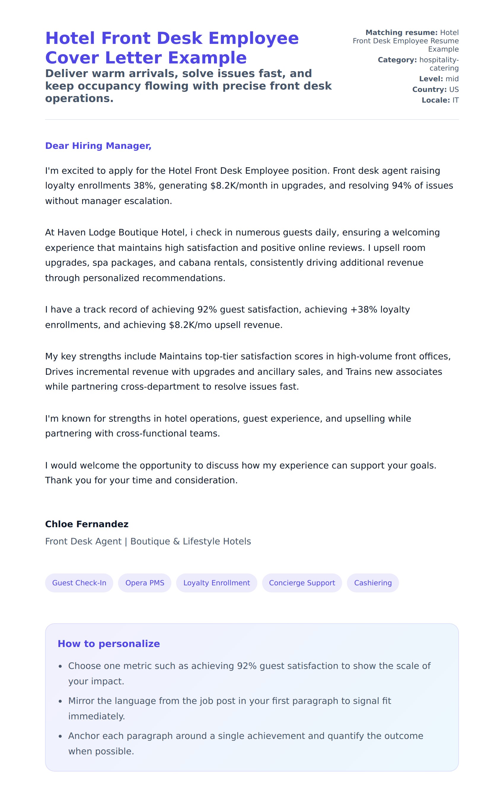 Cover Letter preview for Hotel Front Desk Employee Cover Letter Example