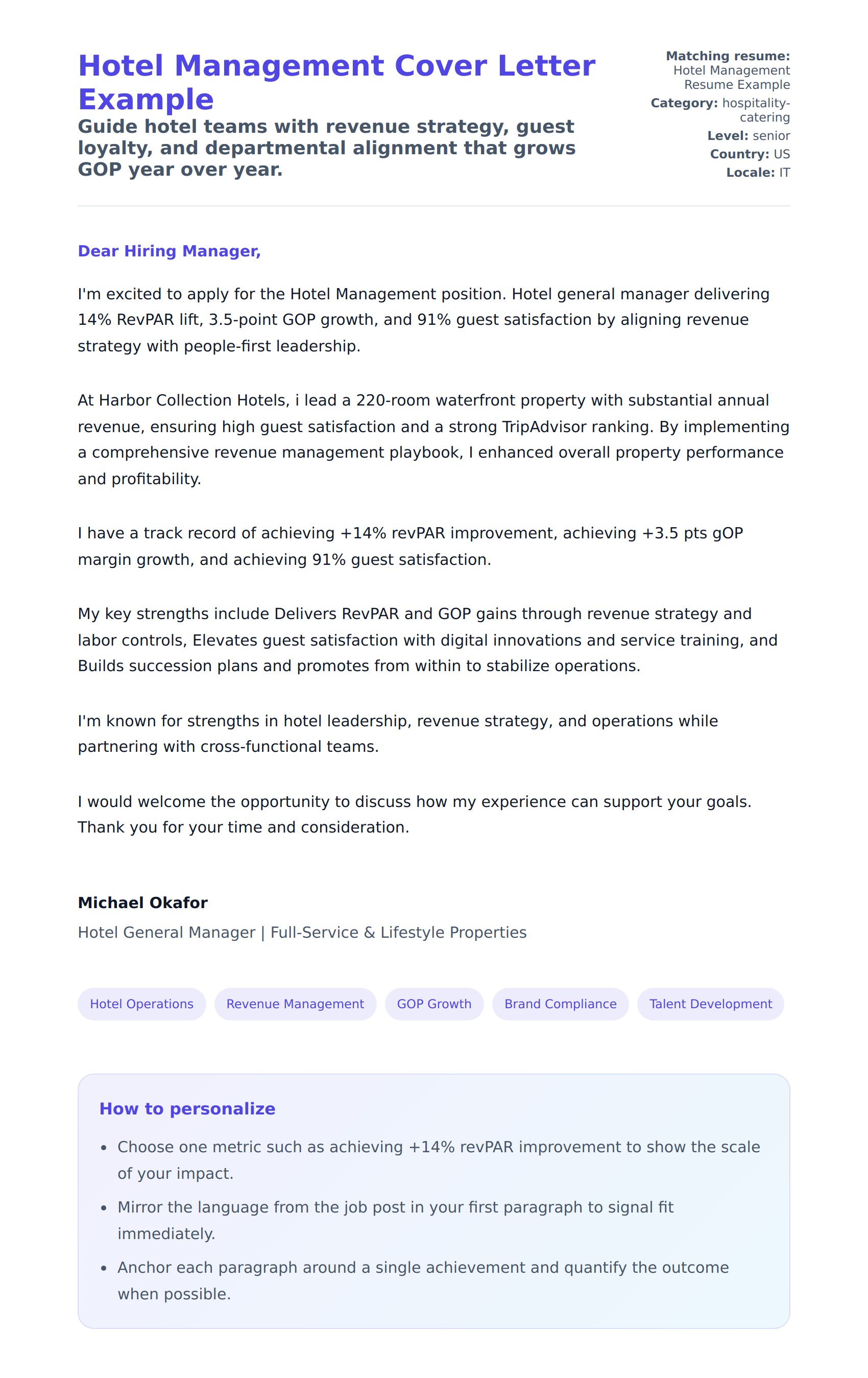Cover Letter preview for Hotel Management Cover Letter Example