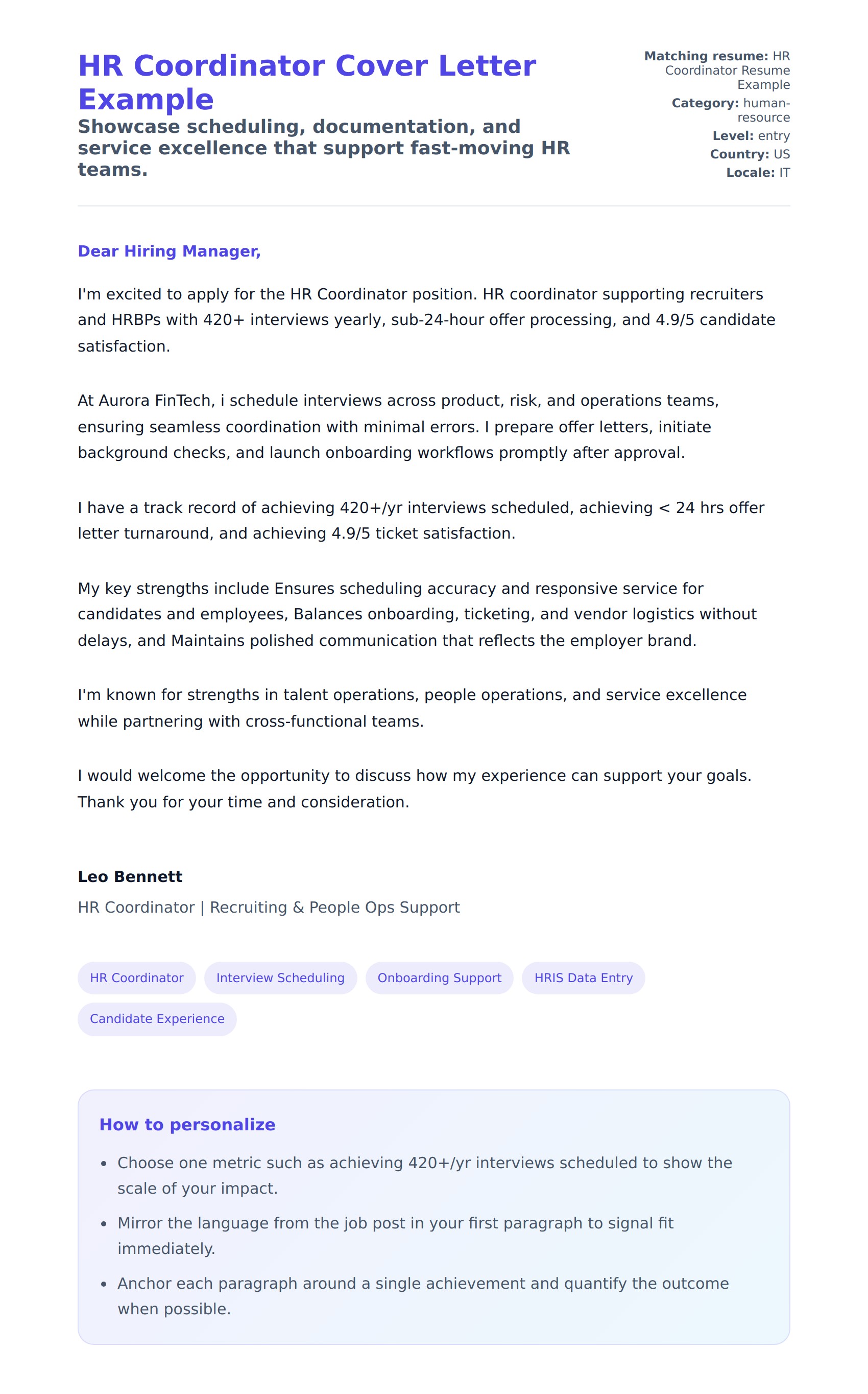 Cover Letter preview for HR Coordinator Cover Letter Example
