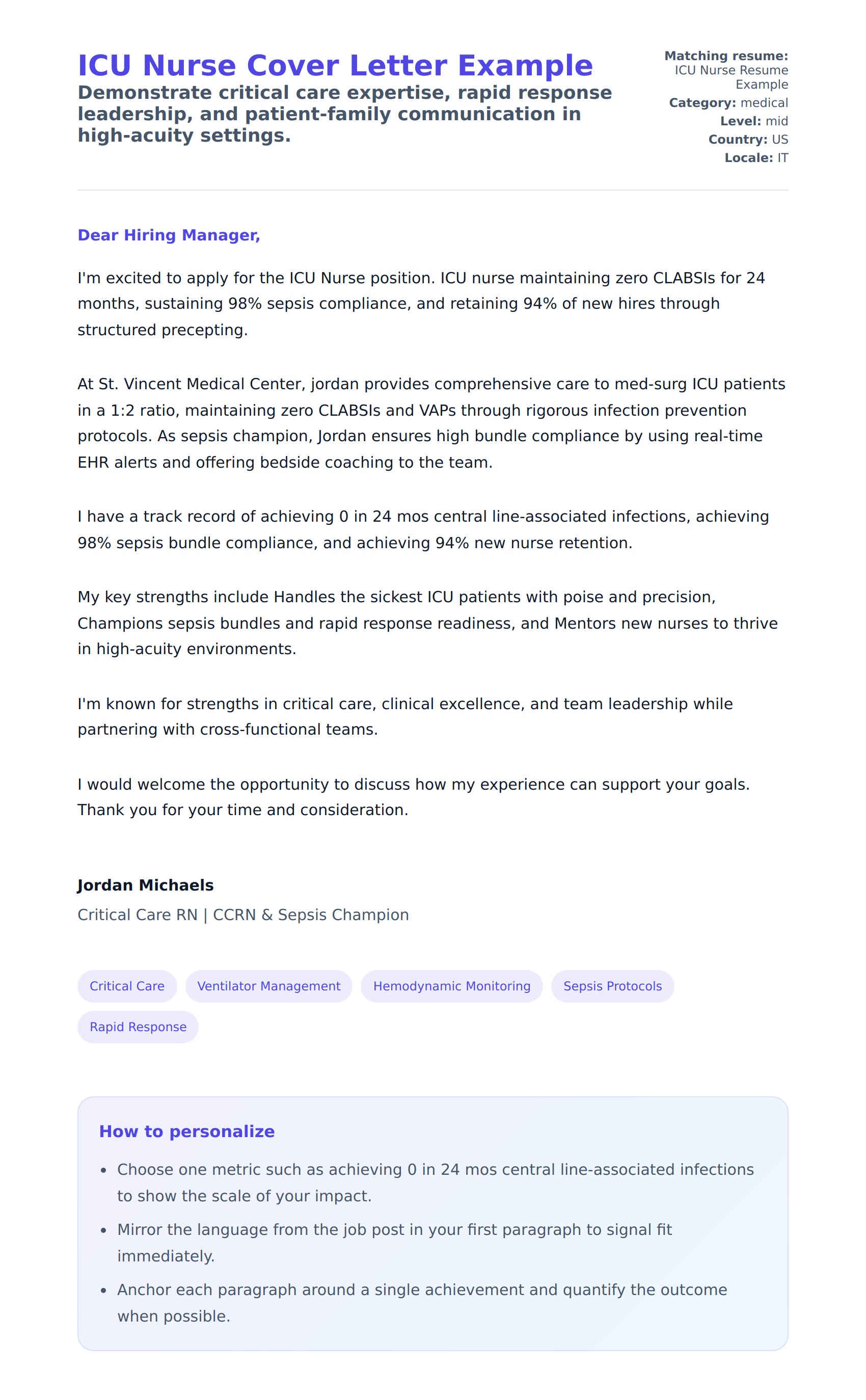 Cover Letter preview for ICU Nurse Cover Letter Example
