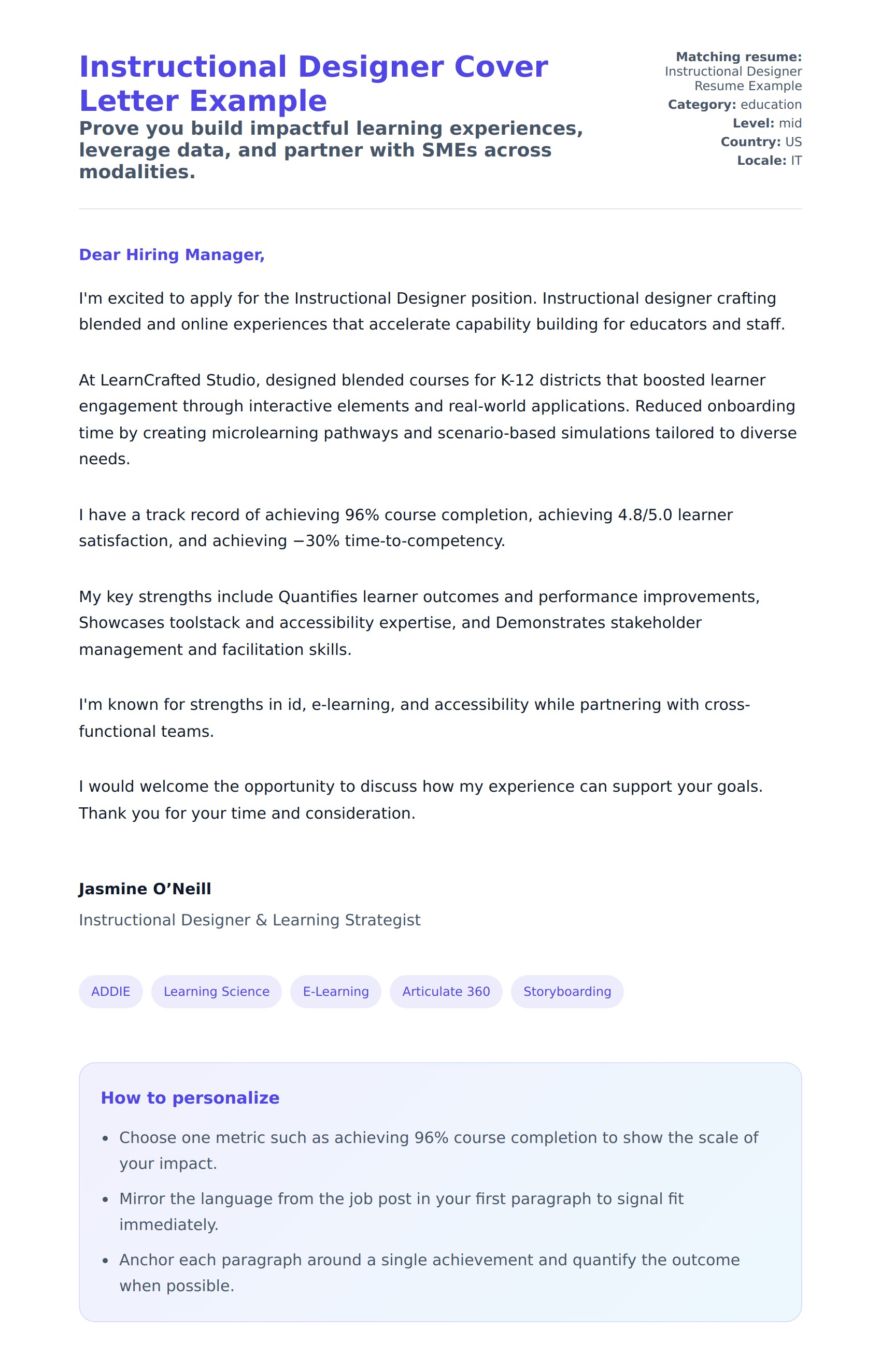 Cover Letter preview for Instructional Designer Cover Letter Example