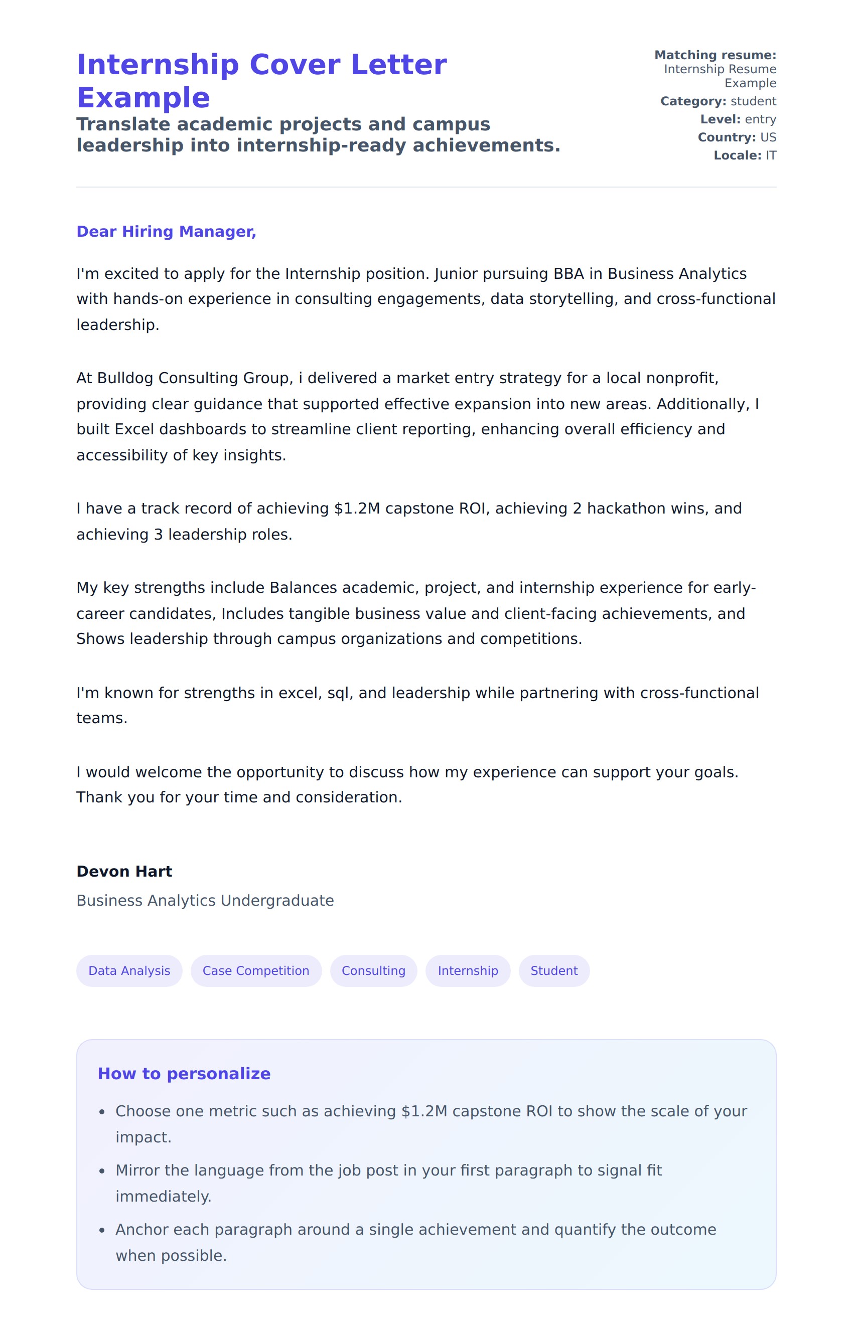 Cover Letter preview for Internship Cover Letter Example