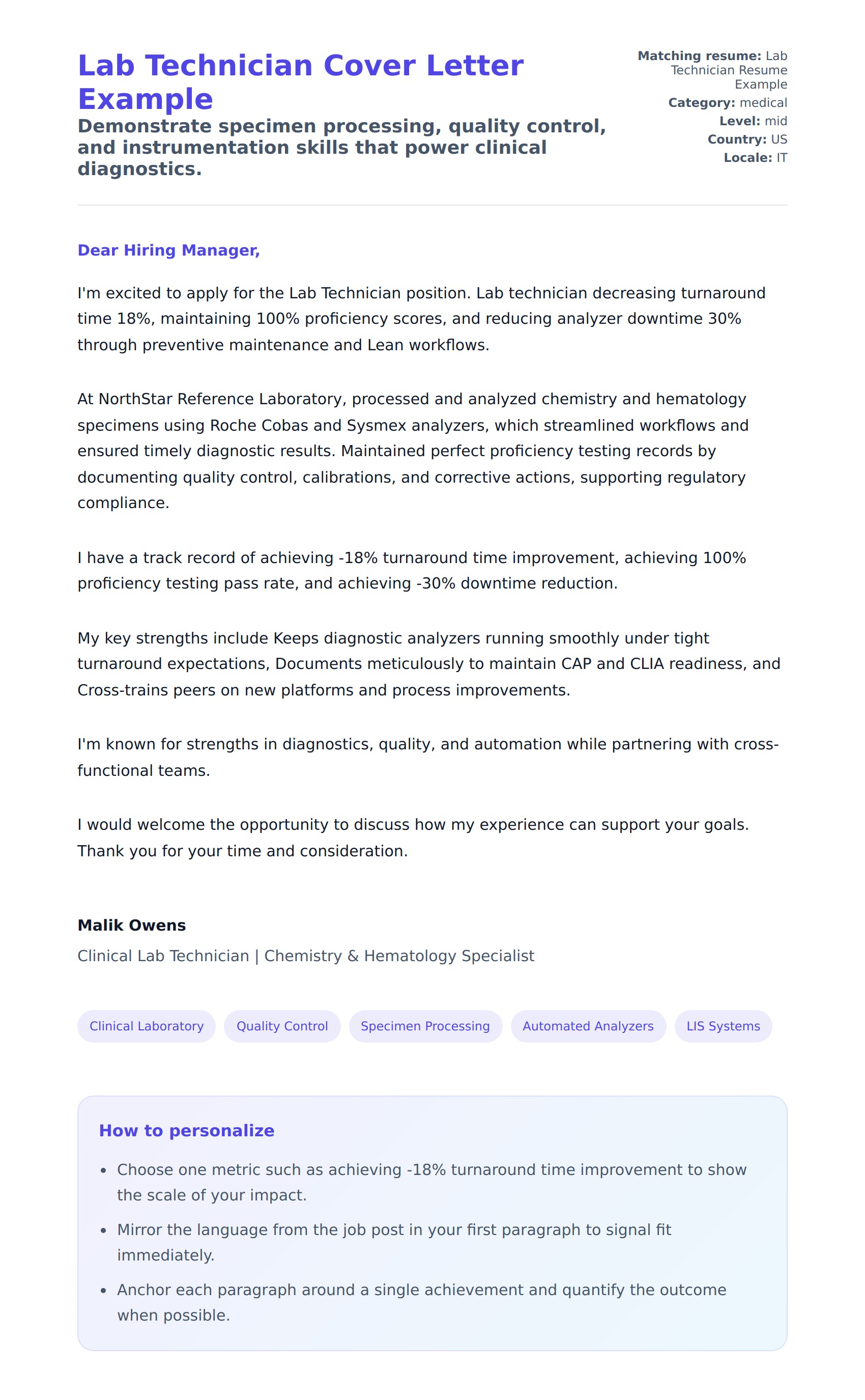 Cover Letter preview for Lab Technician Cover Letter Example