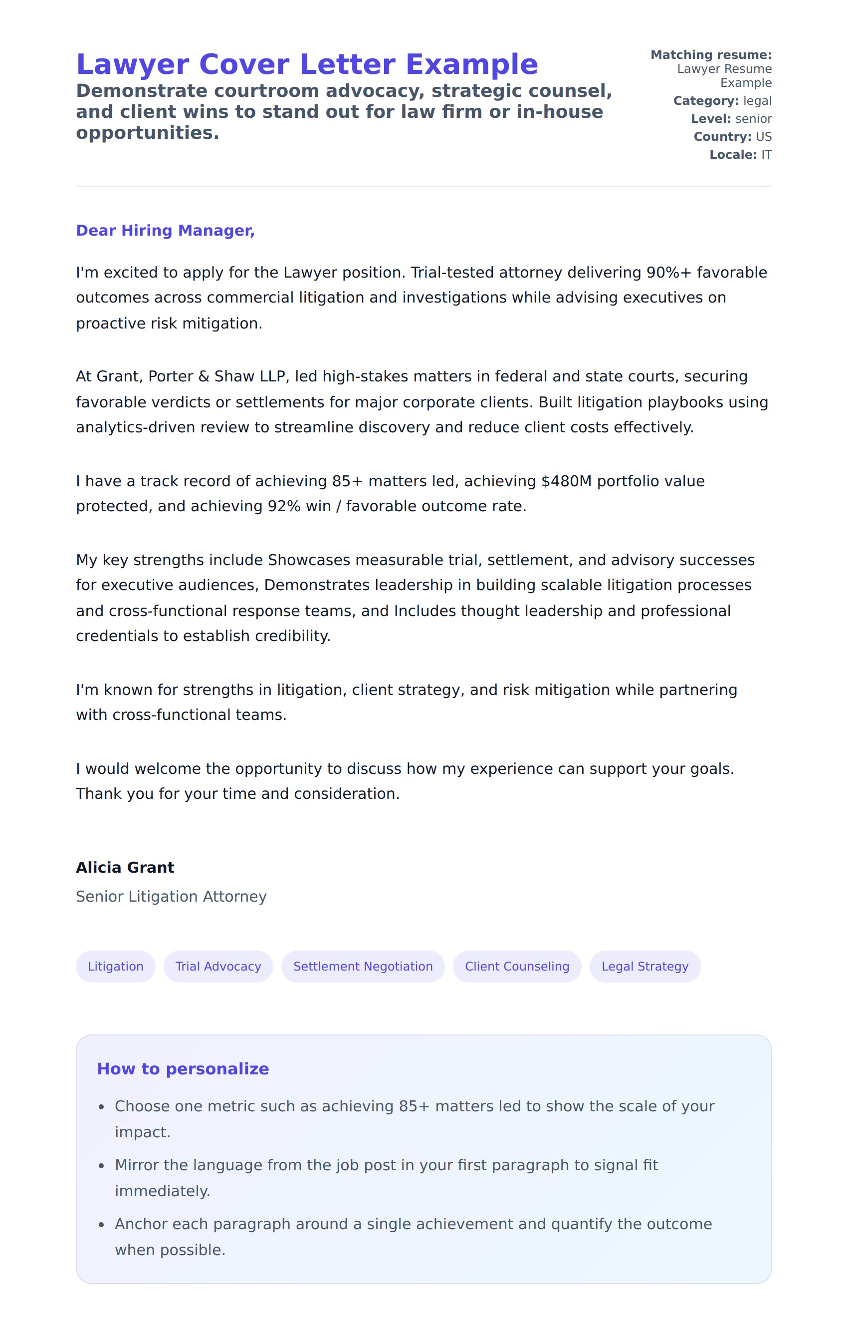 Cover Letter preview for Lawyer Cover Letter Example