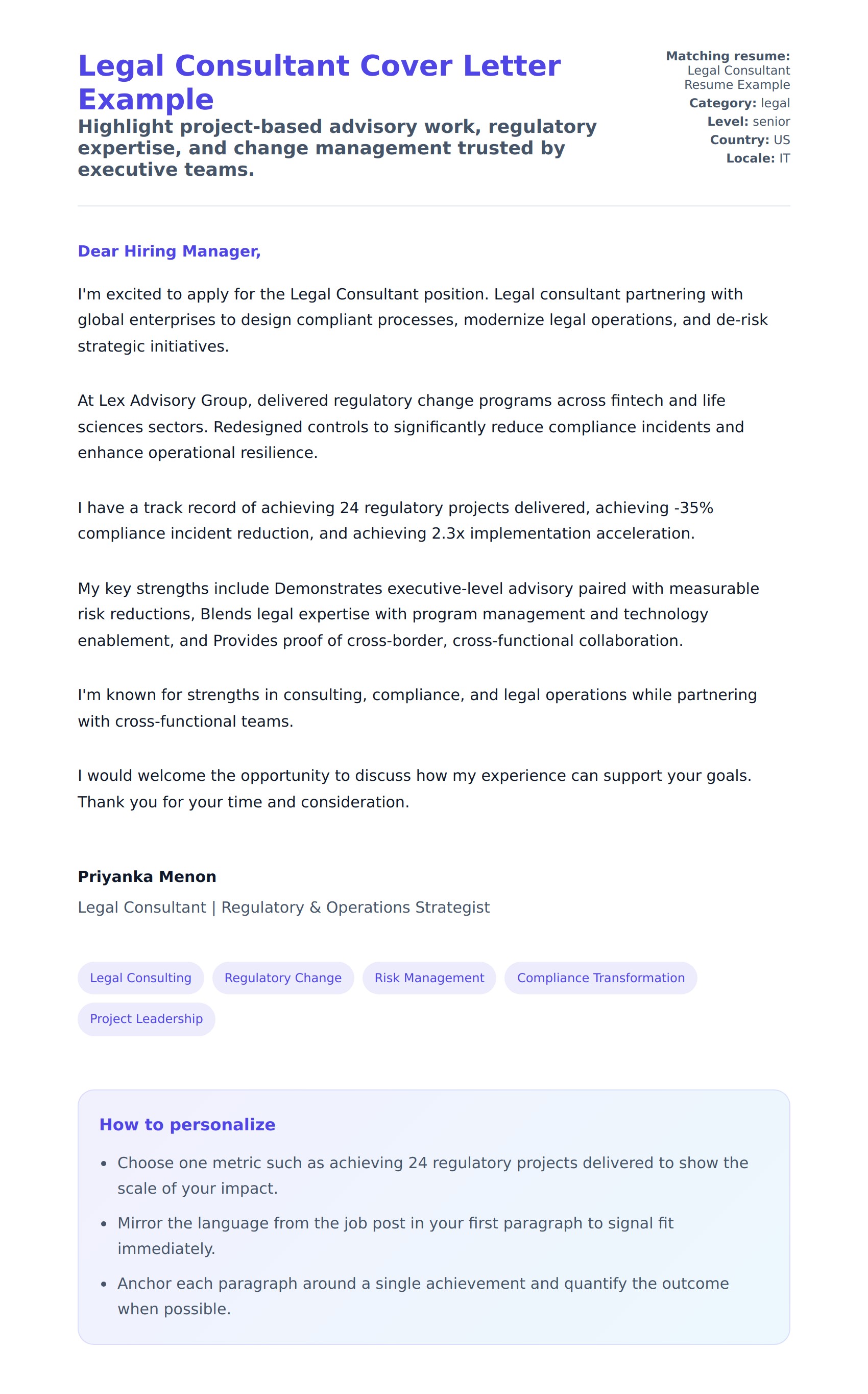 Cover Letter preview for Legal Consultant Cover Letter Example