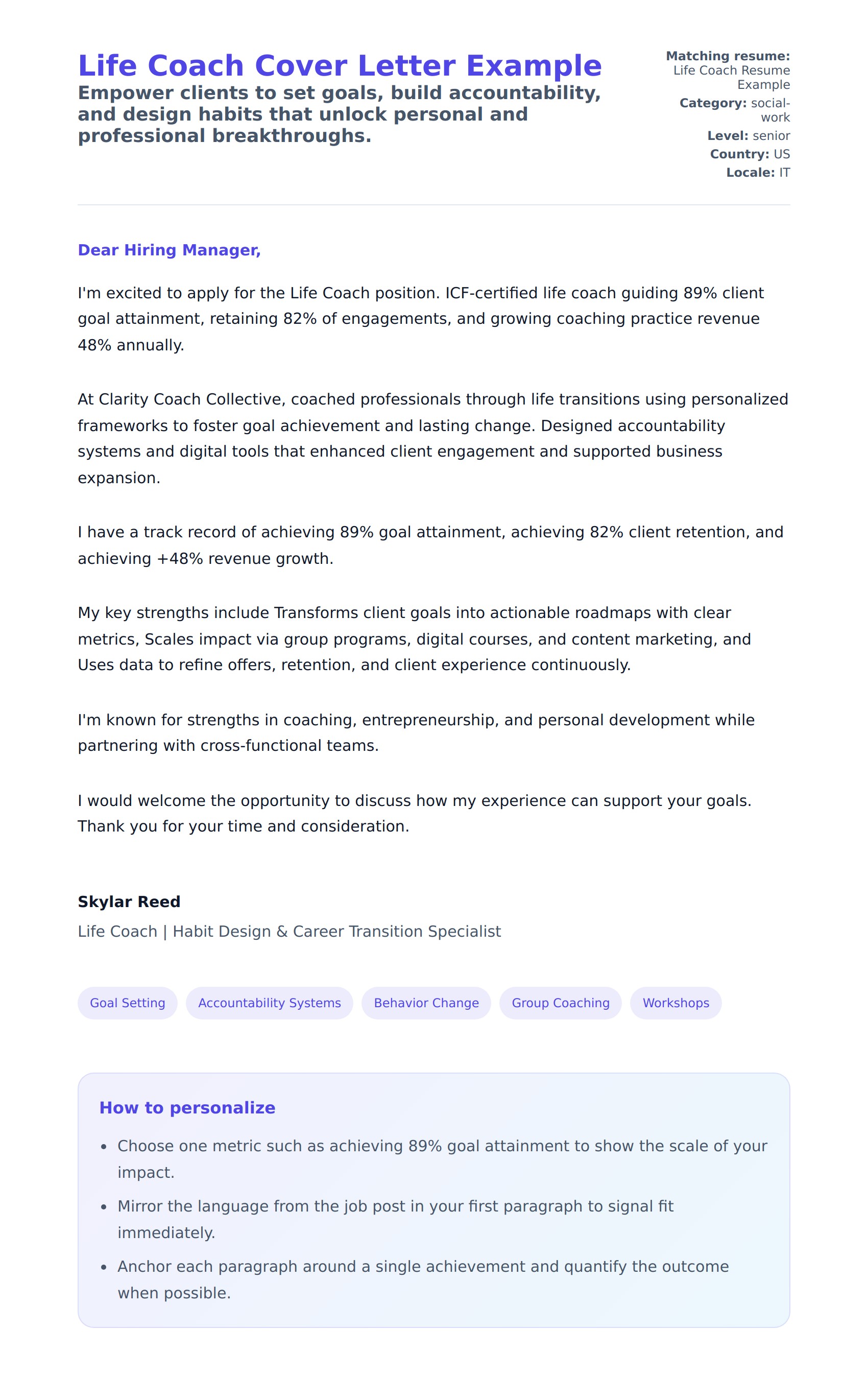 Cover Letter preview for Life Coach Cover Letter Example