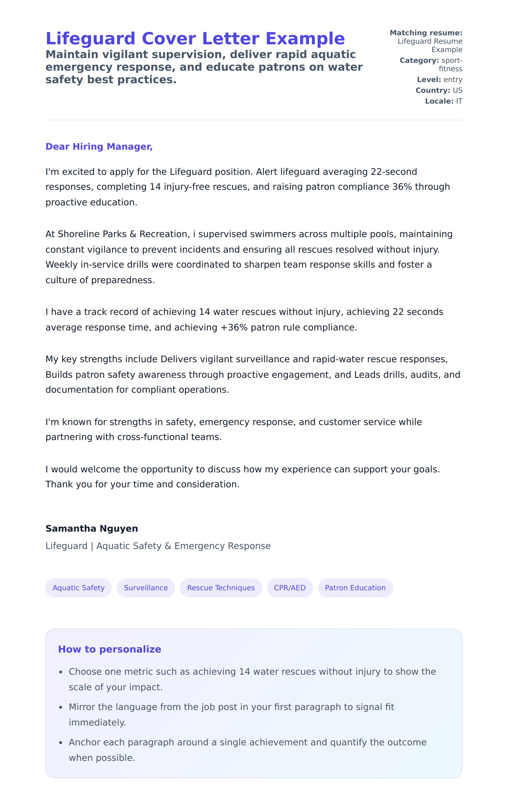 Cover Letter preview for Lifeguard Cover Letter Example