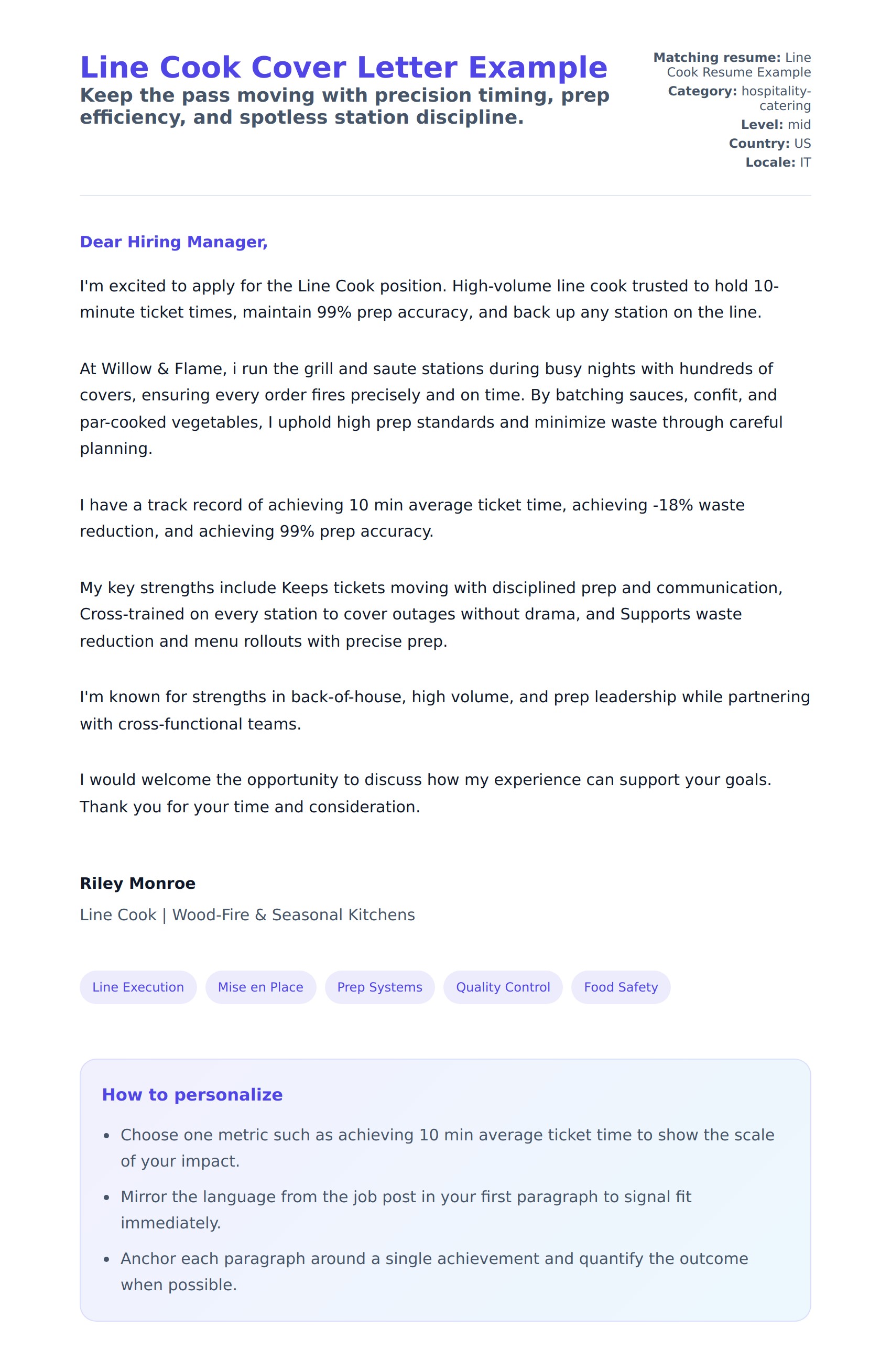Cover Letter preview for Line Cook Cover Letter Example