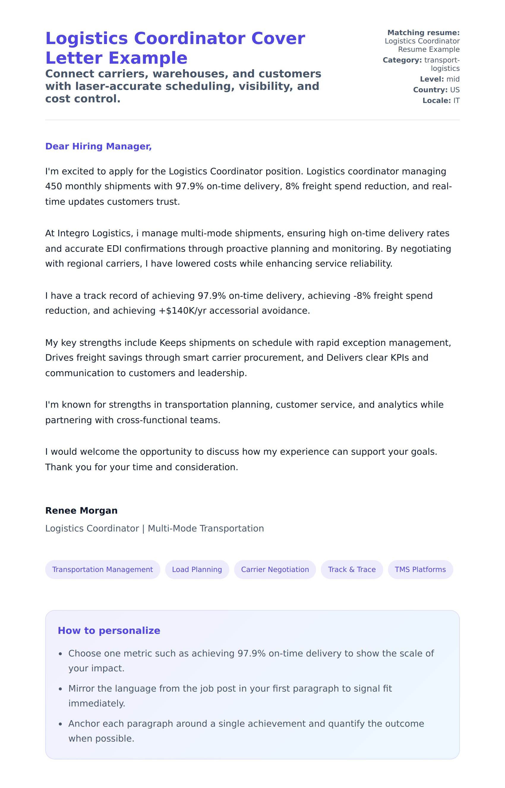 Cover Letter preview for Logistics Coordinator Cover Letter Example