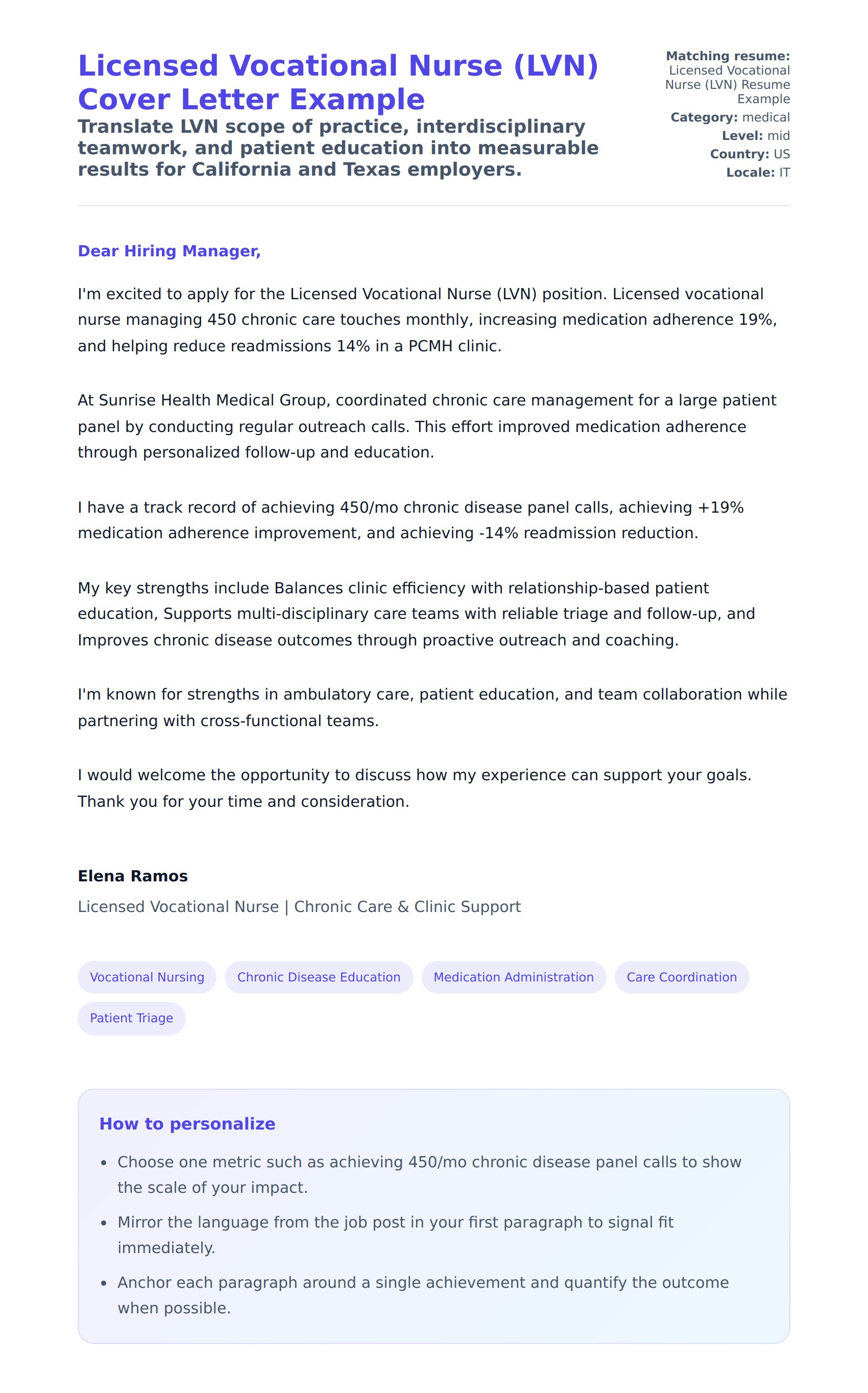 Cover Letter preview for Licensed Vocational Nurse (LVN) Cover Letter Example