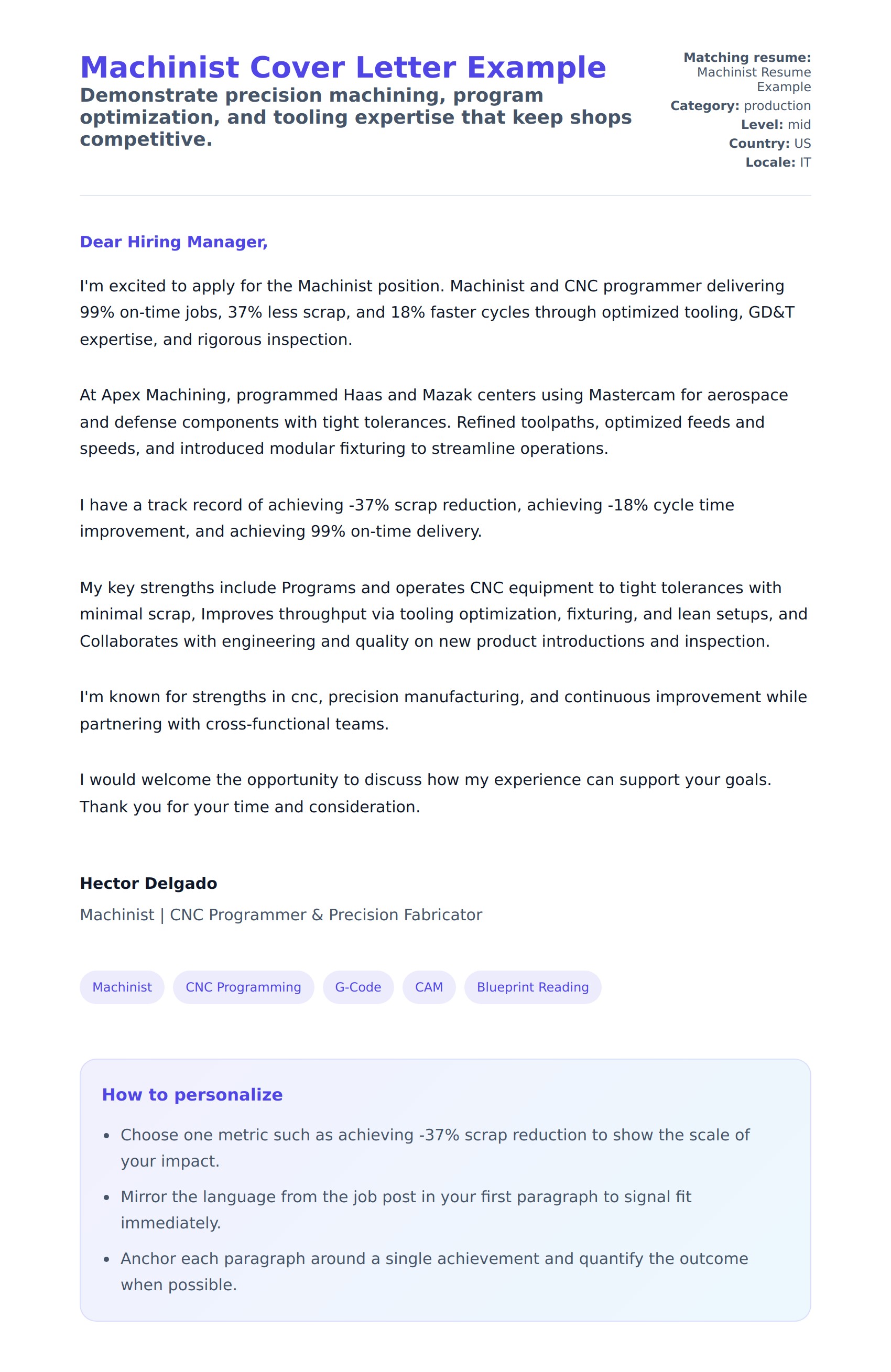 Cover Letter preview for Machinist Cover Letter Example