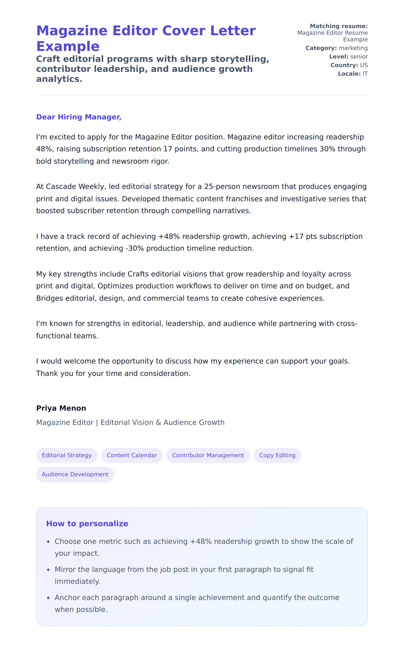 Cover Letter preview for Magazine Editor Cover Letter Example