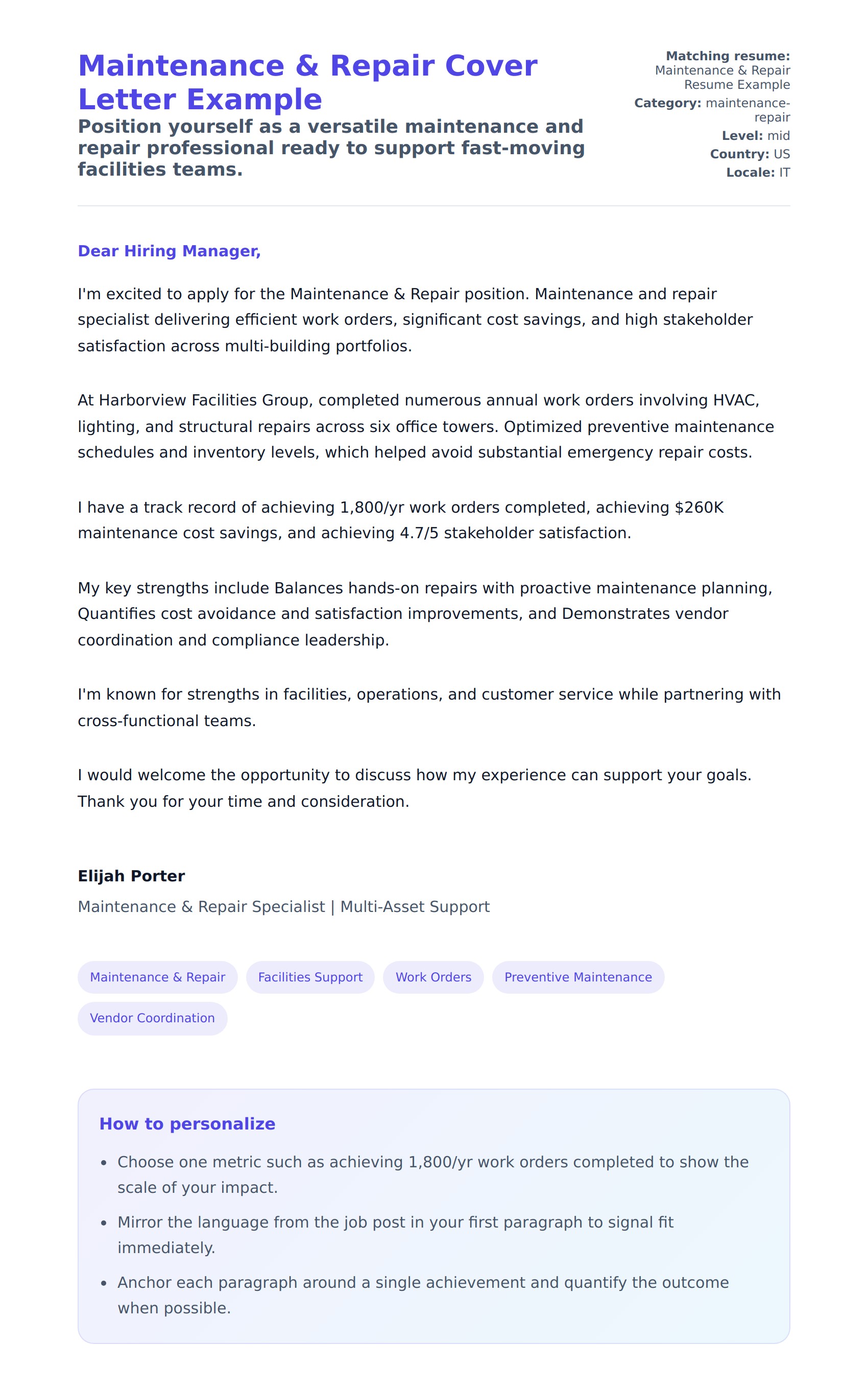 Cover Letter preview for Maintenance & Repair Cover Letter Example
