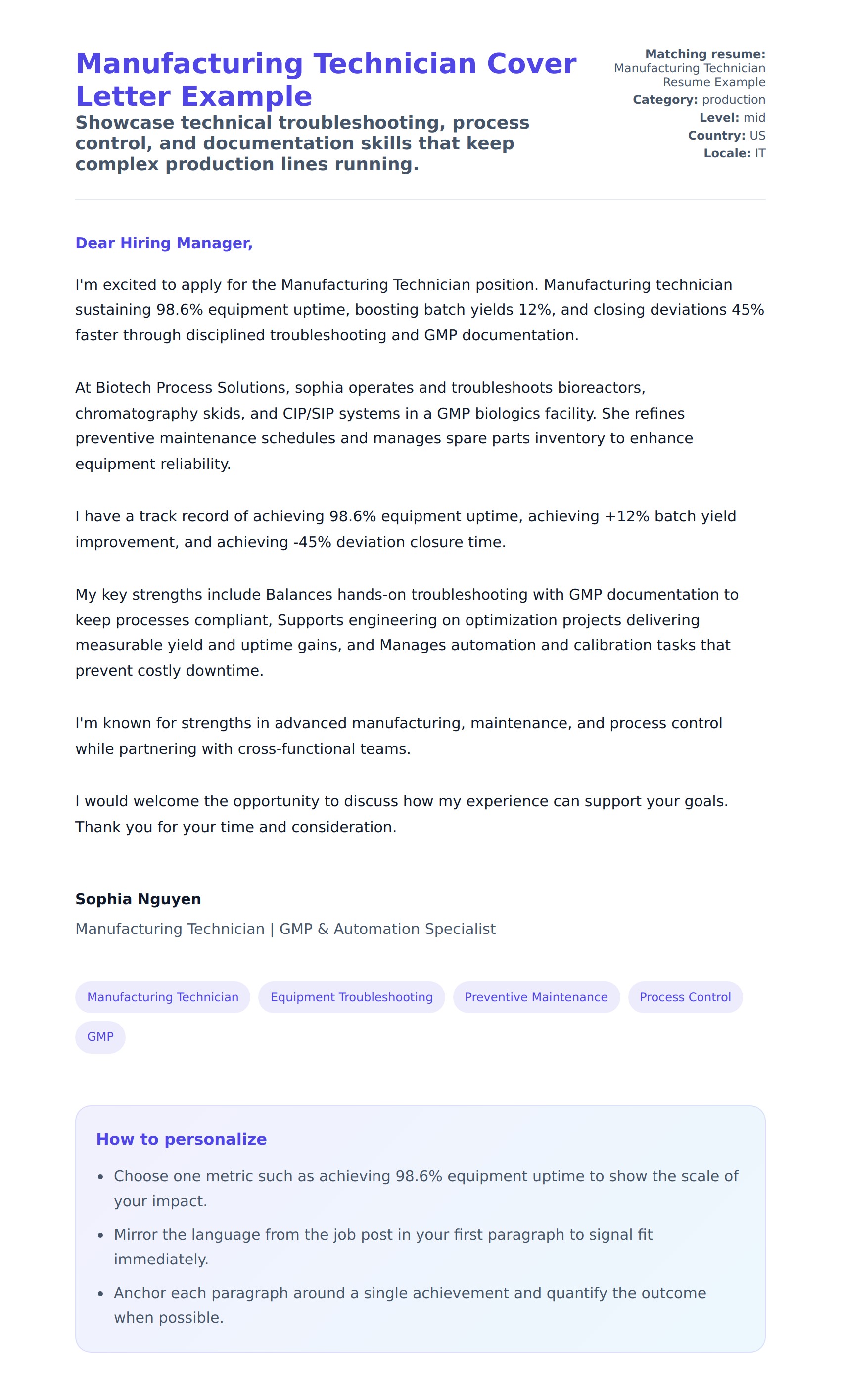Cover Letter preview for Manufacturing Technician Cover Letter Example