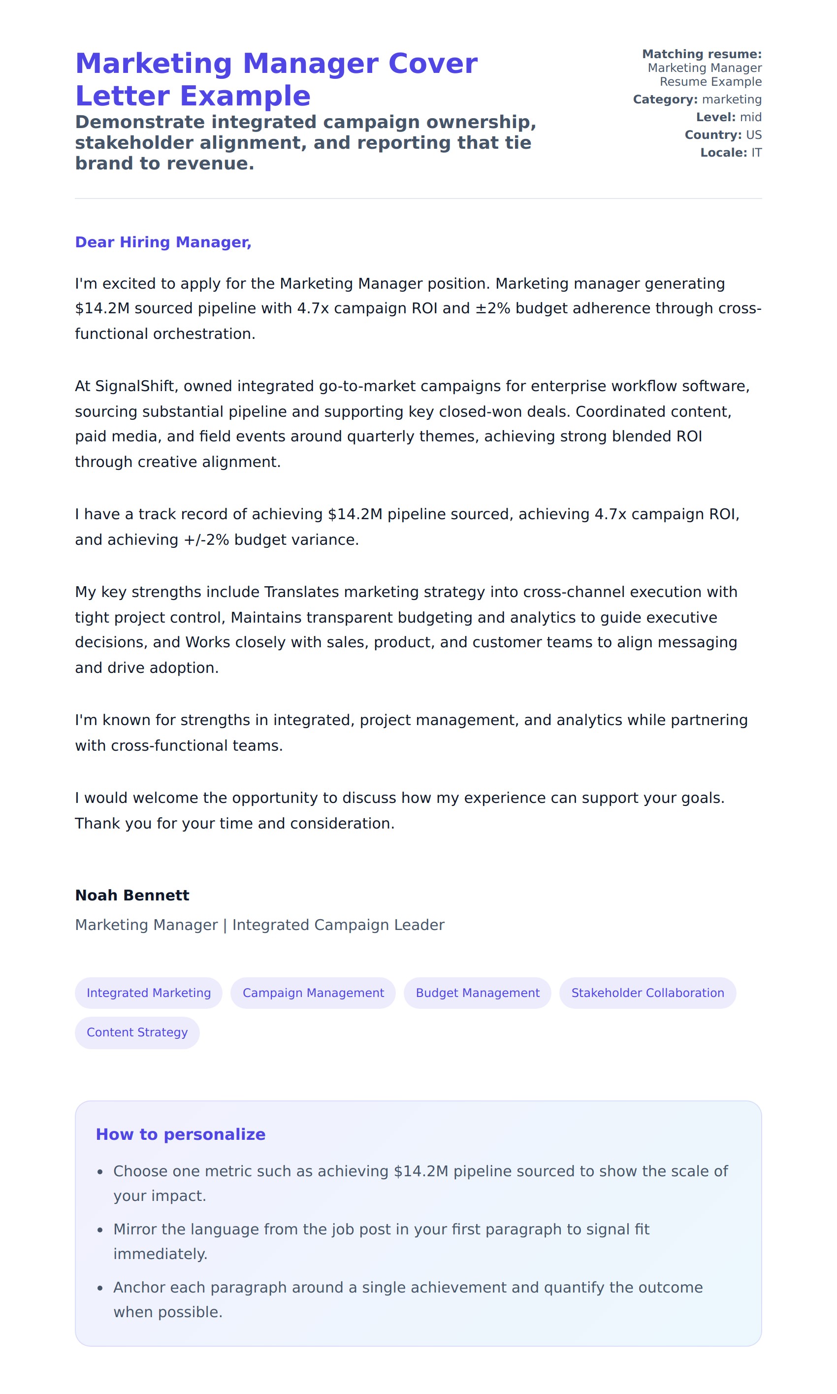 Cover Letter preview for Marketing Manager Cover Letter Example