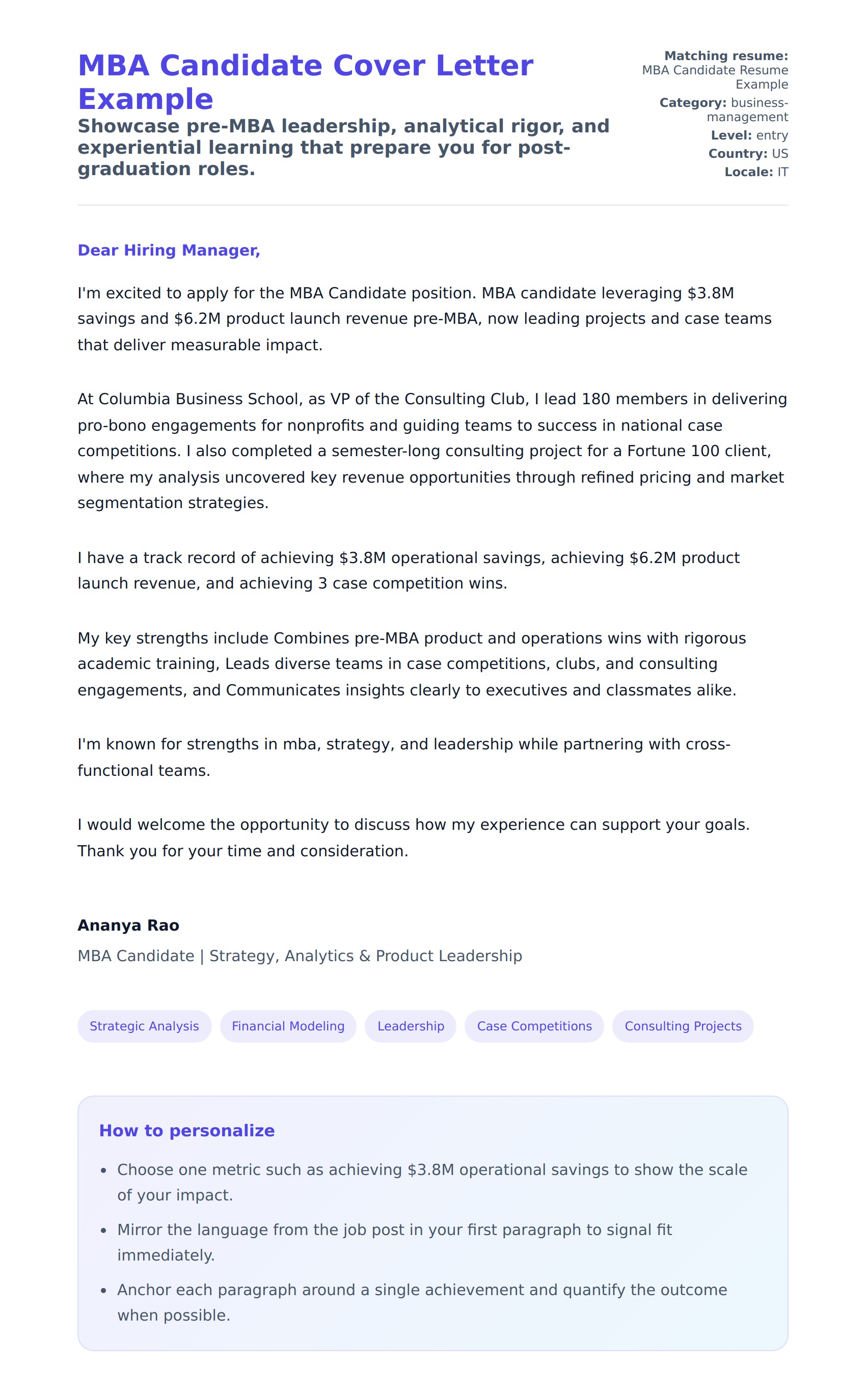 Cover Letter preview for MBA Candidate Cover Letter Example