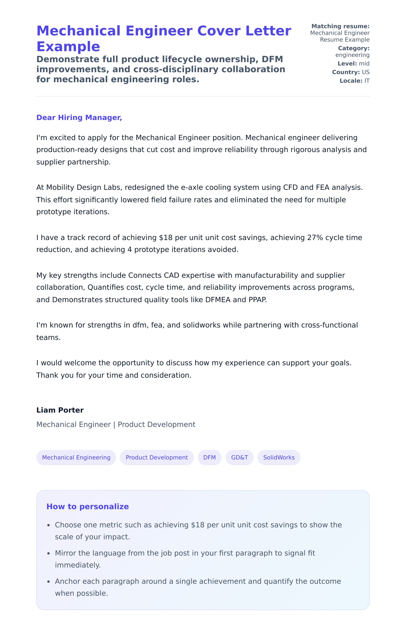 Cover Letter preview for Mechanical Engineer Cover Letter Example