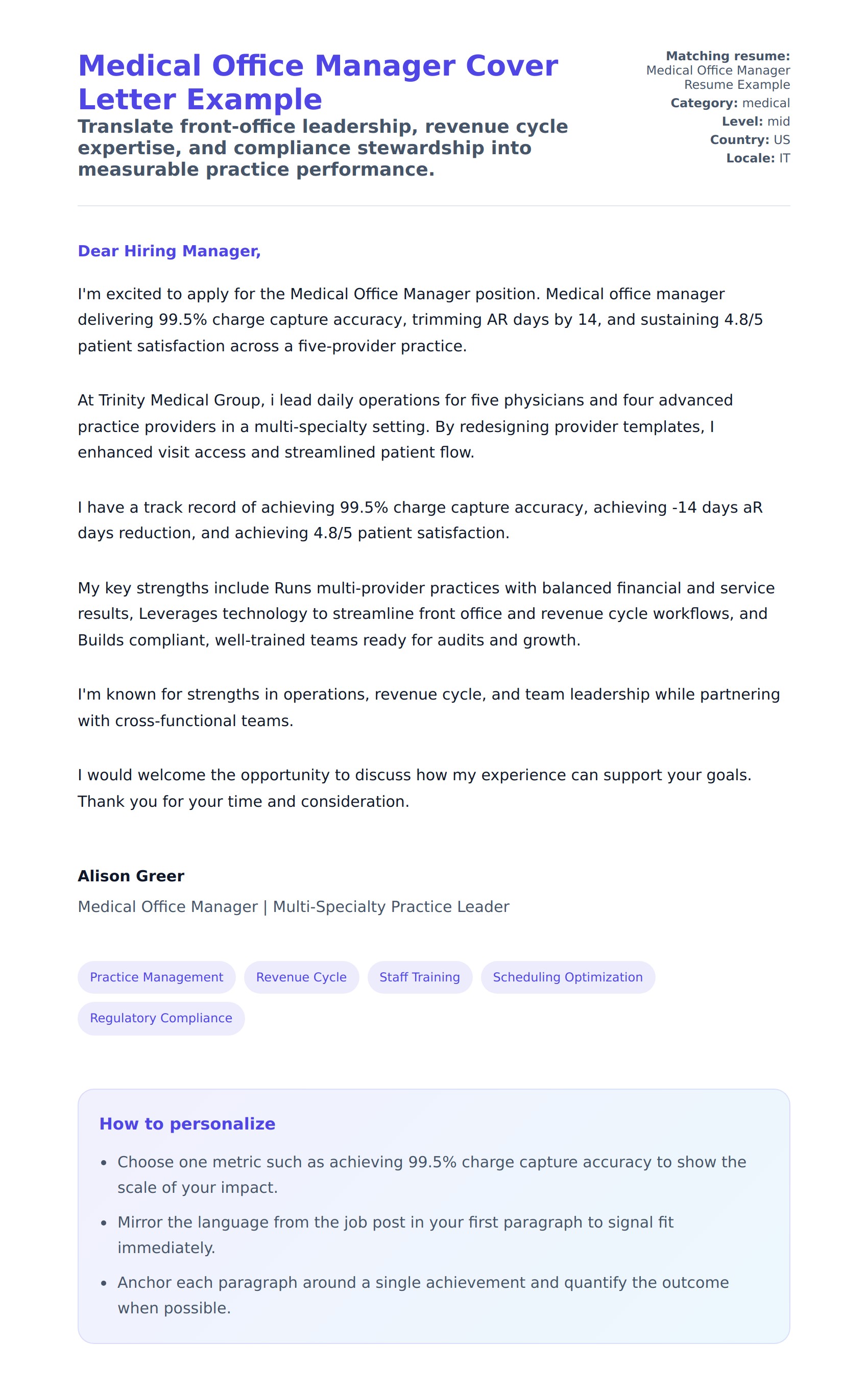 Cover Letter preview for Medical Office Manager Cover Letter Example