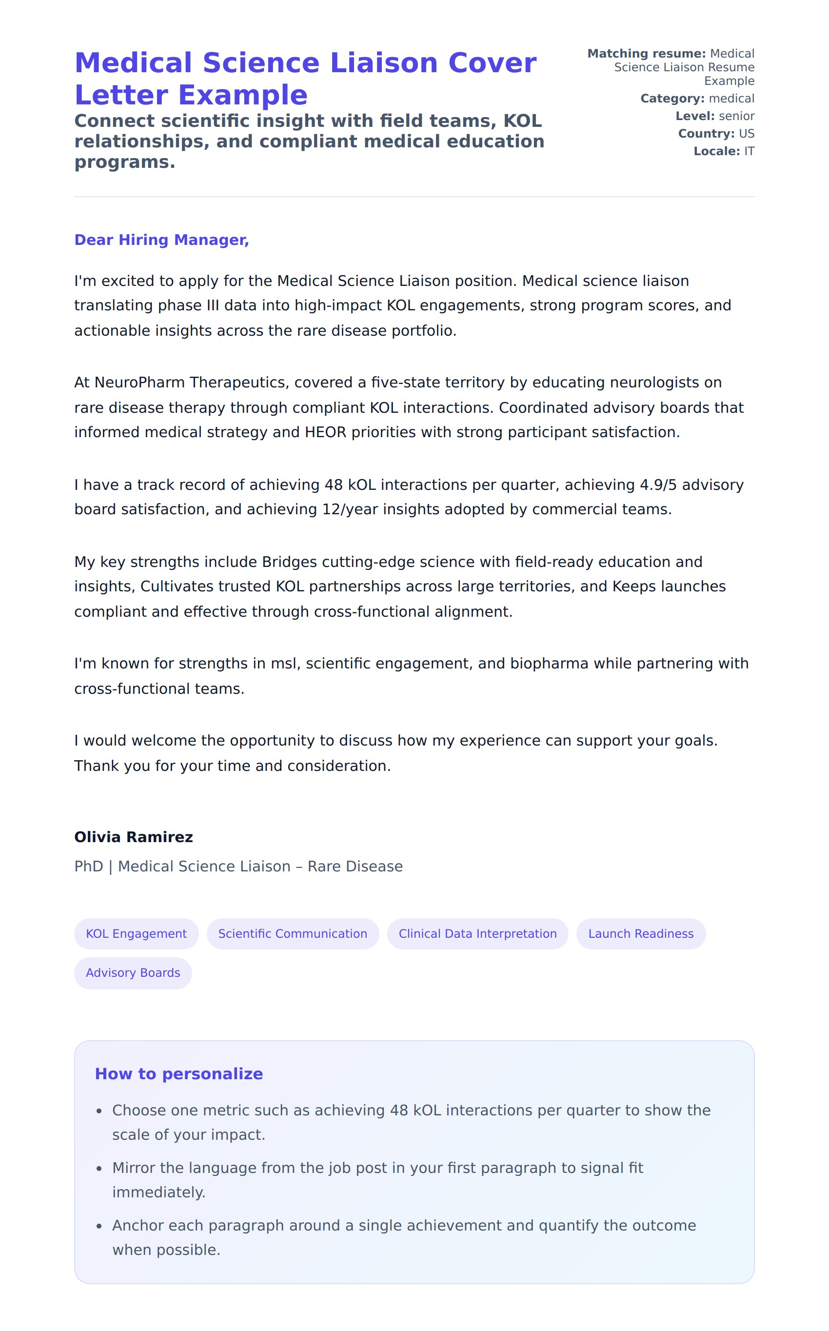 Cover Letter preview for Medical Science Liaison Cover Letter Example