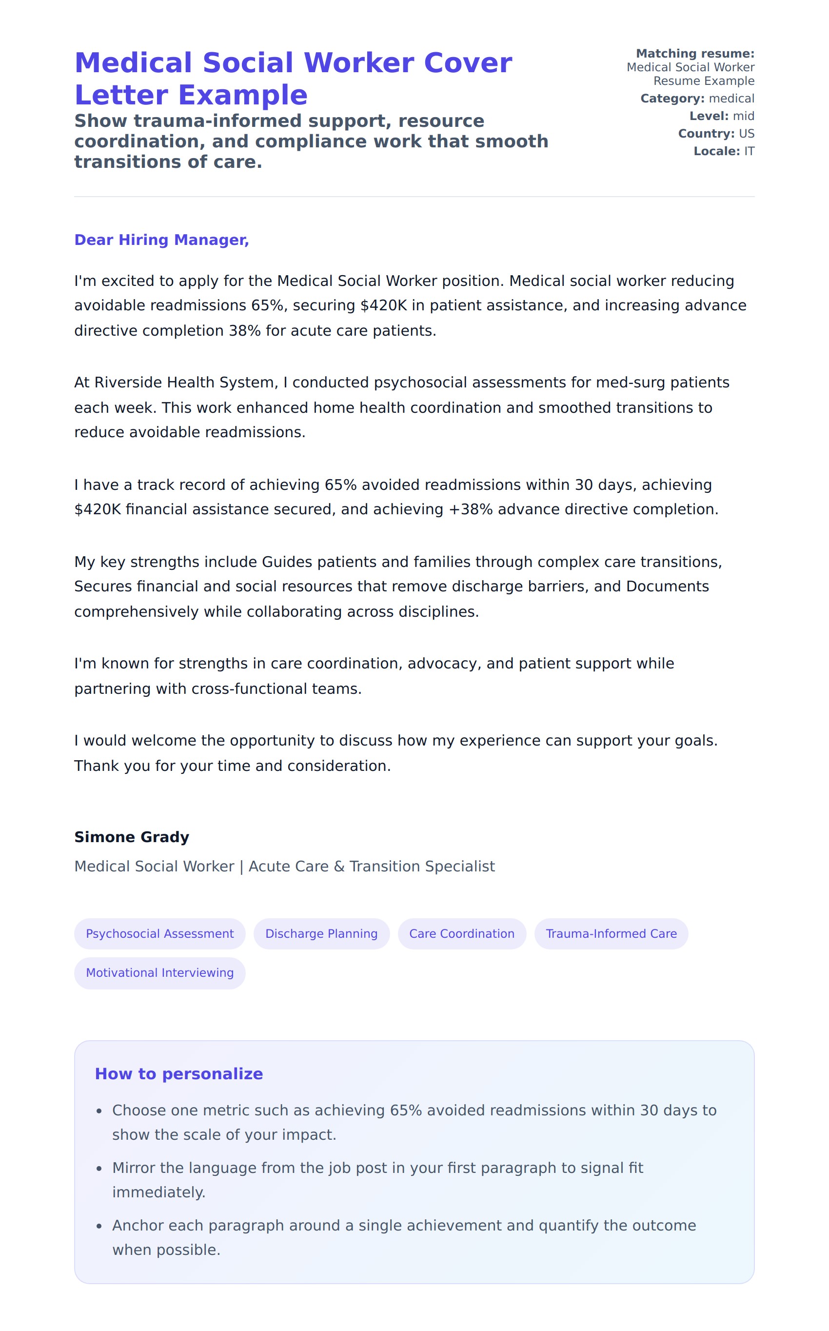Cover Letter preview for Medical Social Worker Cover Letter Example