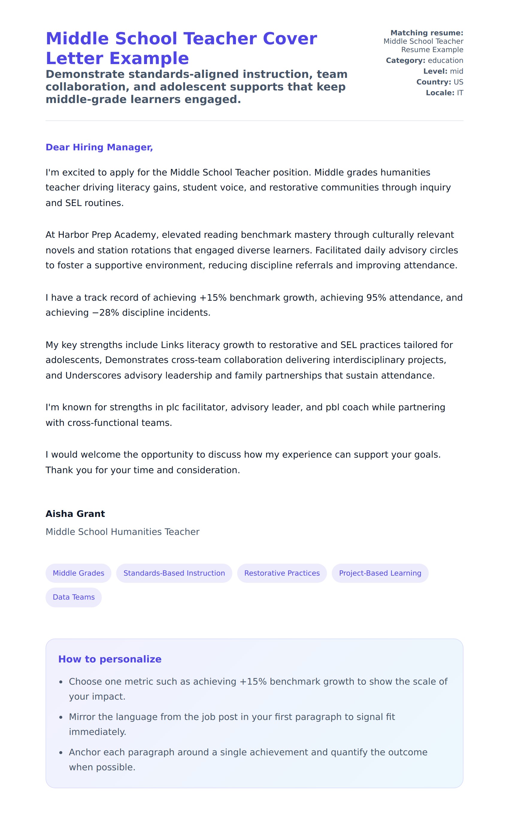 Cover Letter preview for Middle School Teacher Cover Letter Example