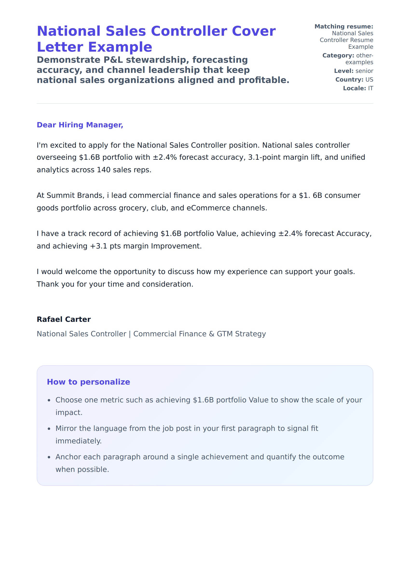 Cover Letter preview for National Sales Controller Cover Letter Example
