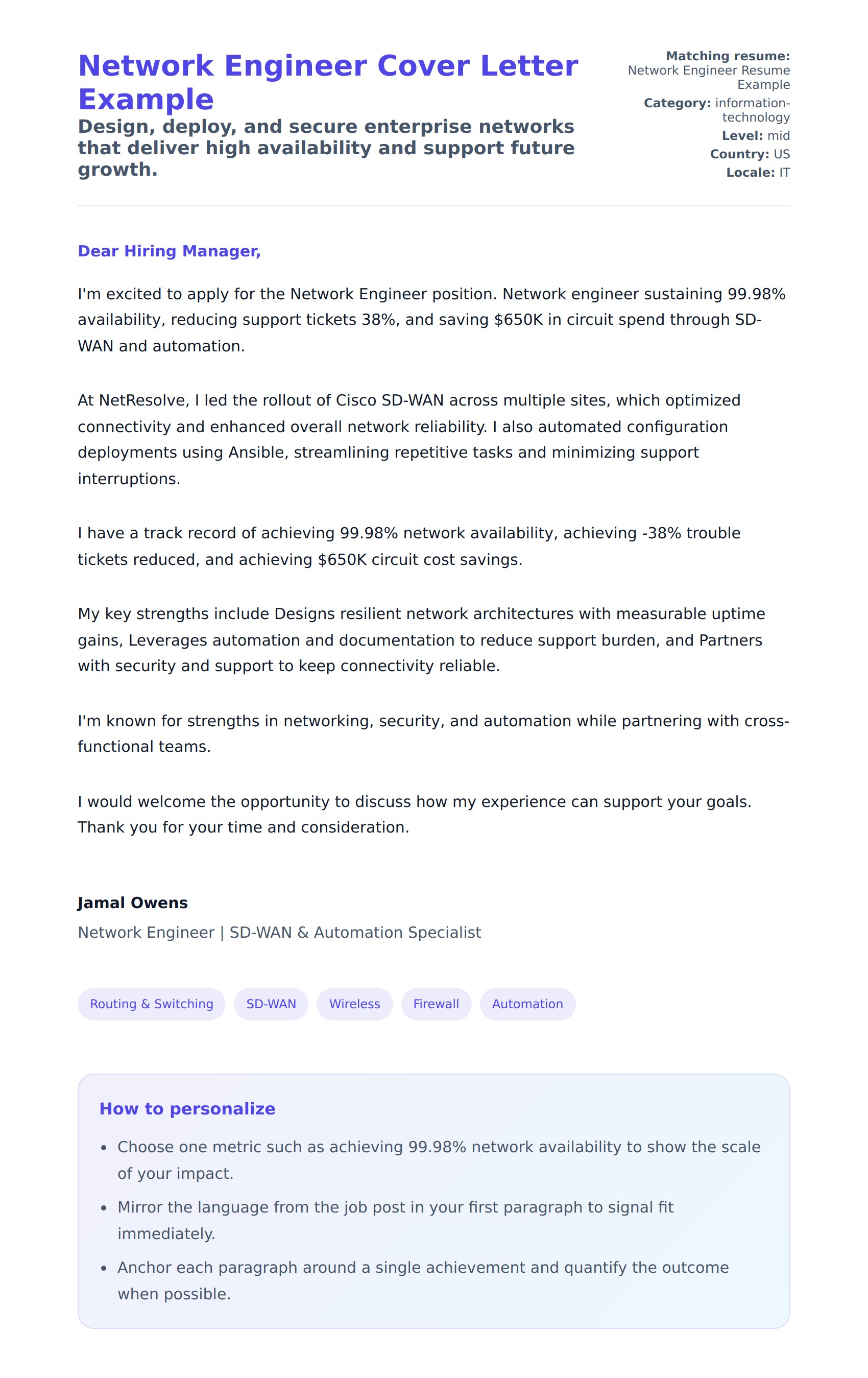 Cover Letter preview for Network Engineer Cover Letter Example