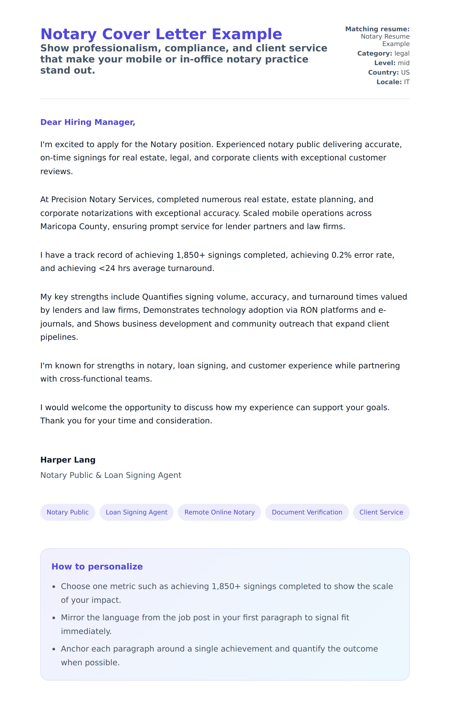 Cover Letter preview for Notary Cover Letter Example