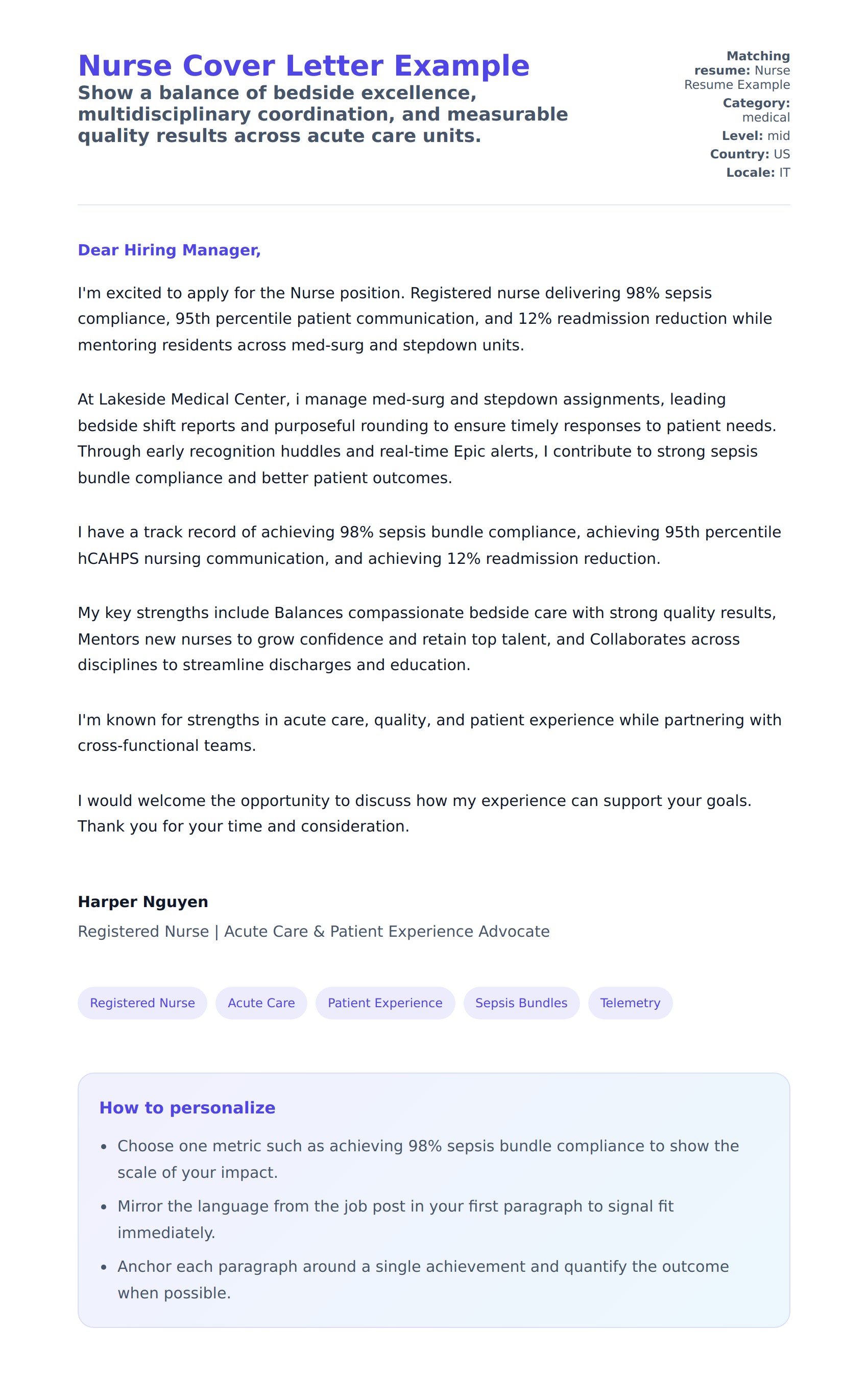 Cover Letter preview for Nurse Cover Letter Example