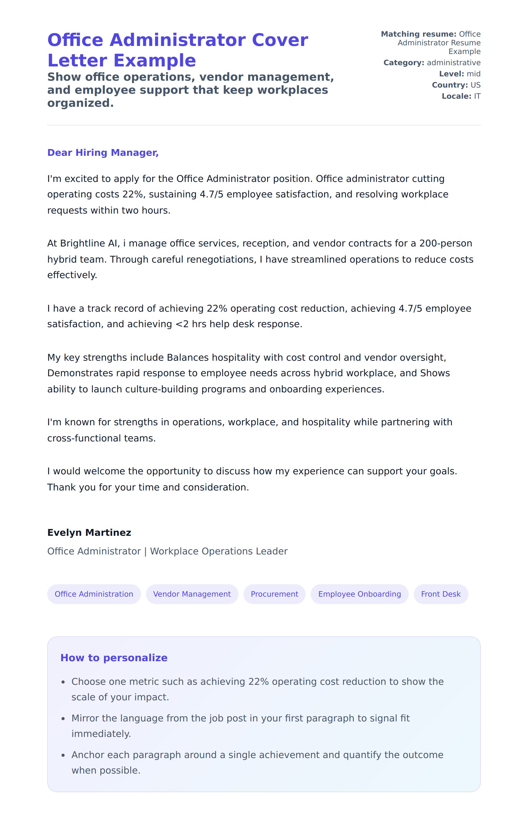 Cover Letter preview for Office Administrator Cover Letter Example