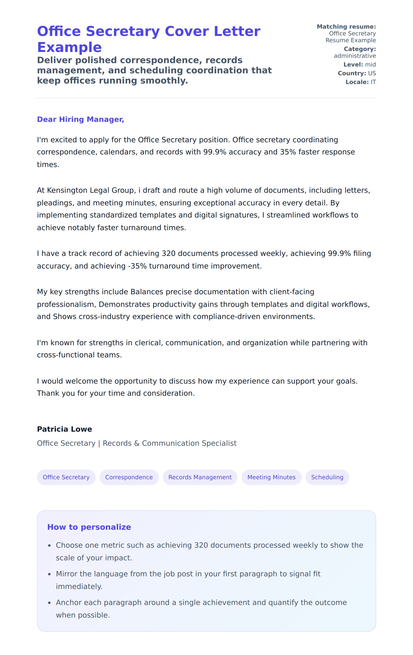 Office Secretary Cover Letter Example