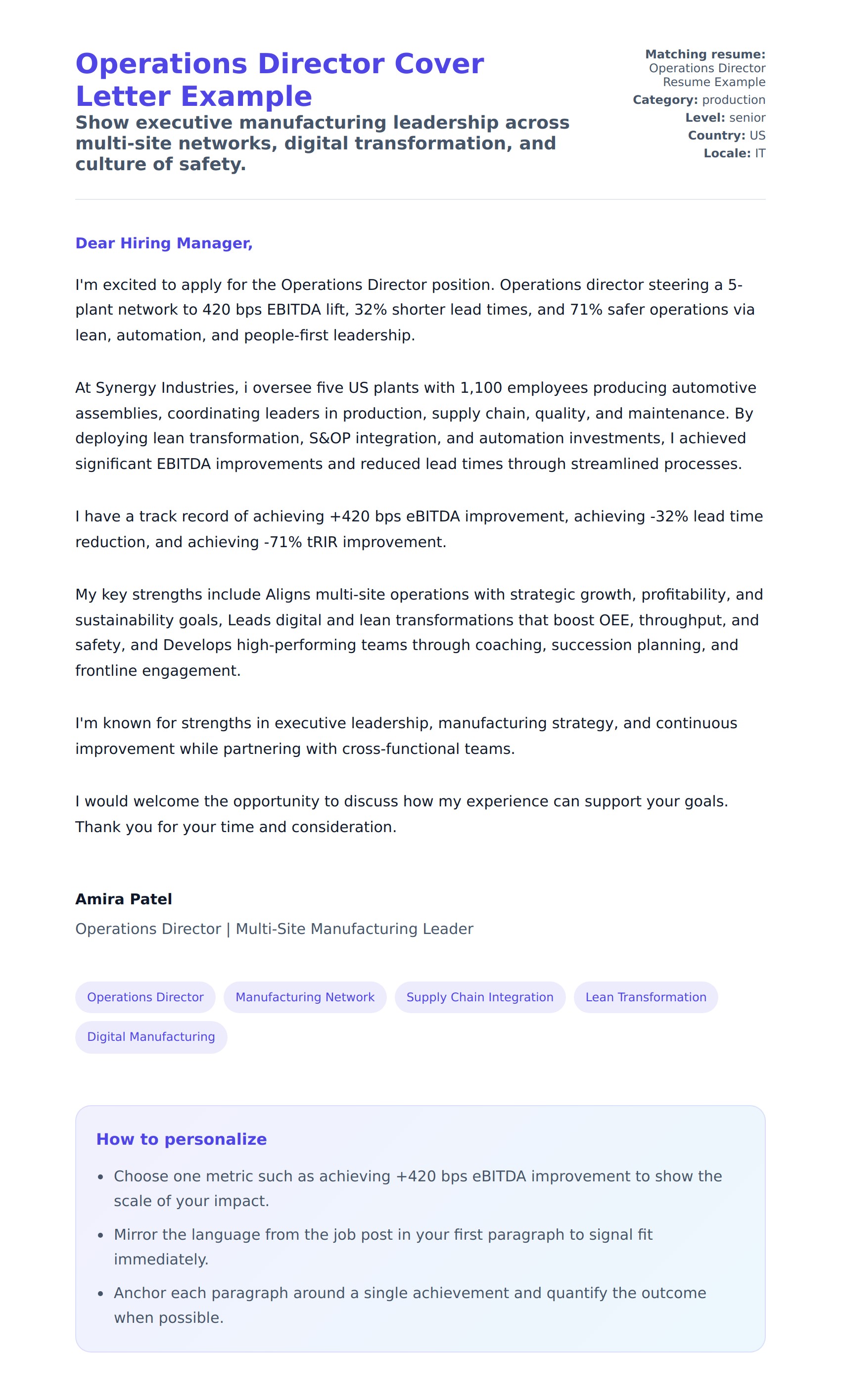 Cover Letter preview for Operations Director Cover Letter Example