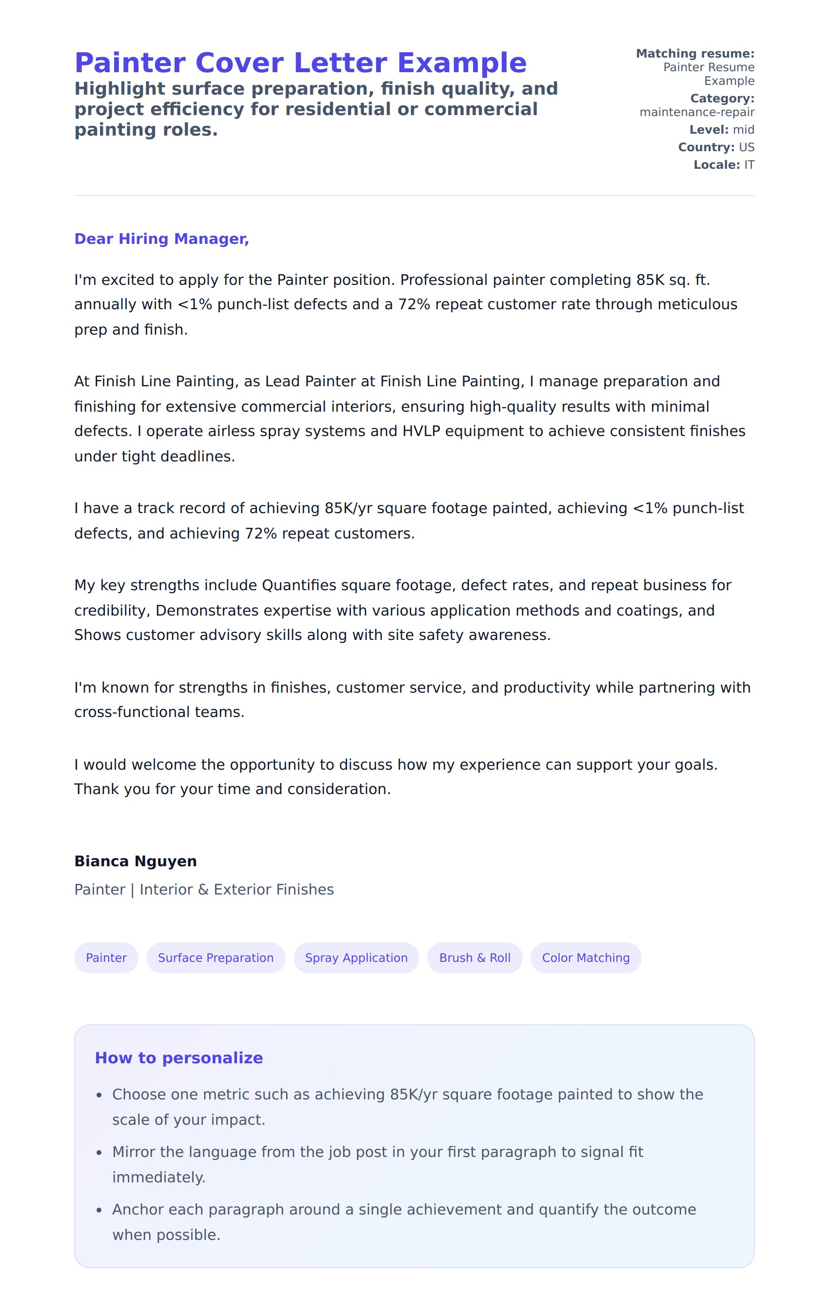 Cover Letter preview for Painter Cover Letter Example