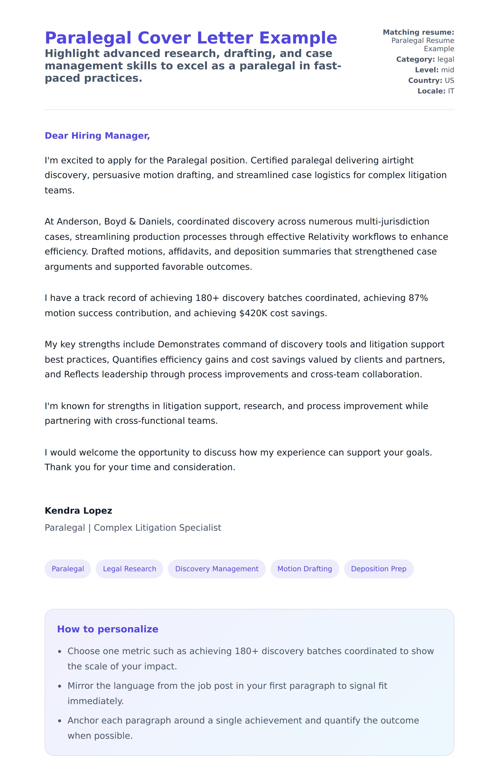 Cover Letter preview for Paralegal Cover Letter Example