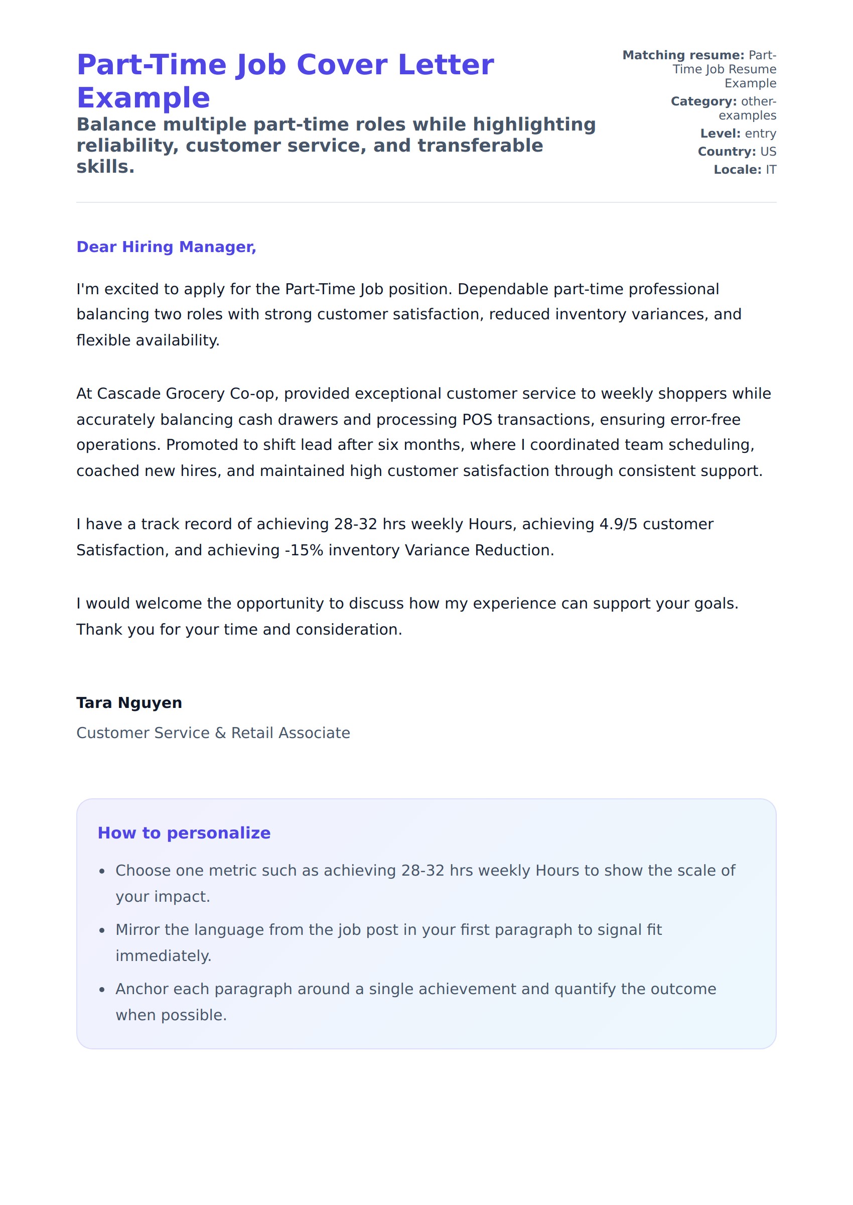 Cover Letter preview for Part-Time Job Cover Letter Example