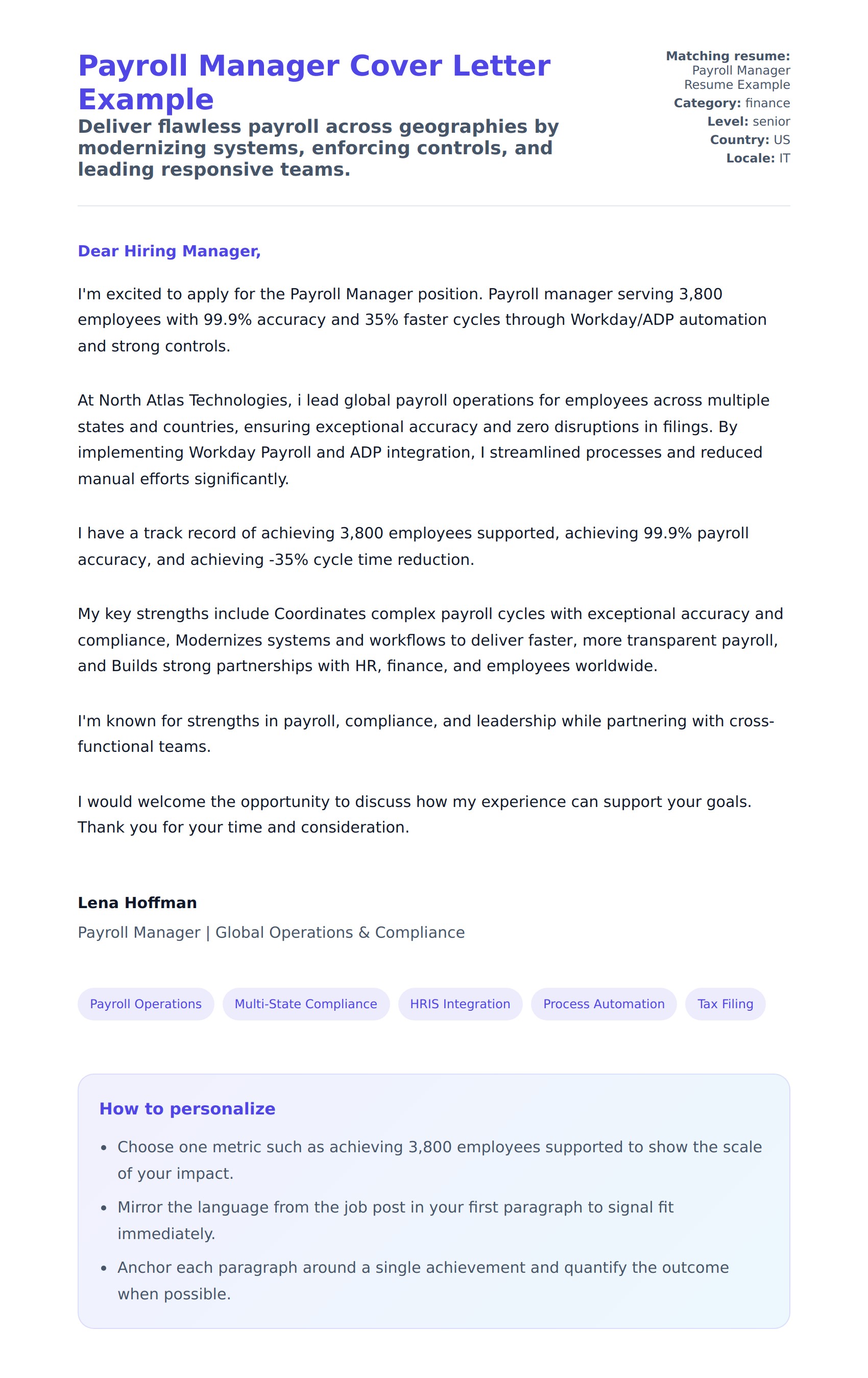 Cover Letter preview for Payroll Manager Cover Letter Example