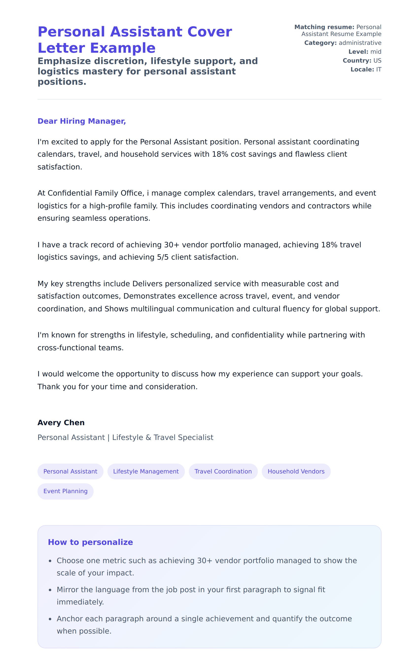 Cover Letter preview for Personal Assistant Cover Letter Example
