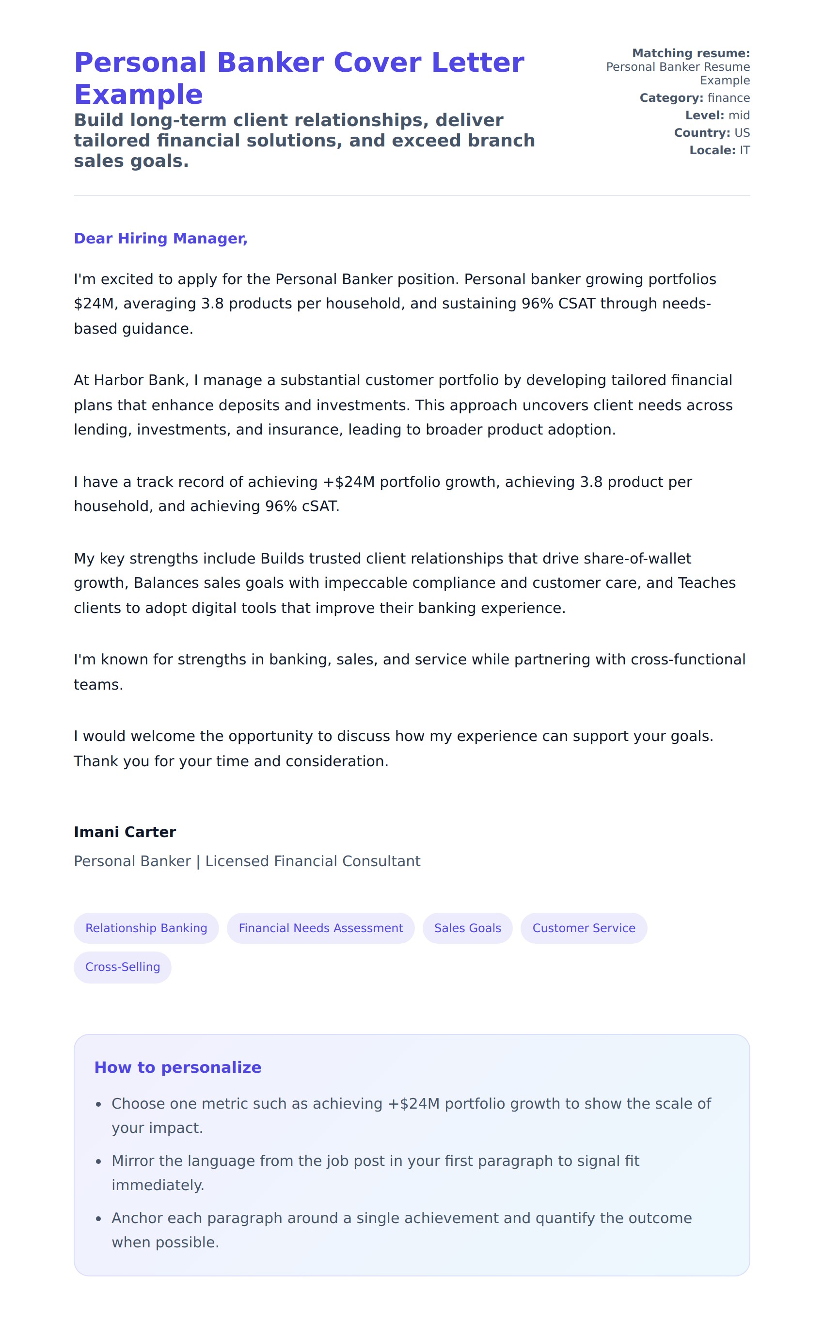 Cover Letter preview for Personal Banker Cover Letter Example