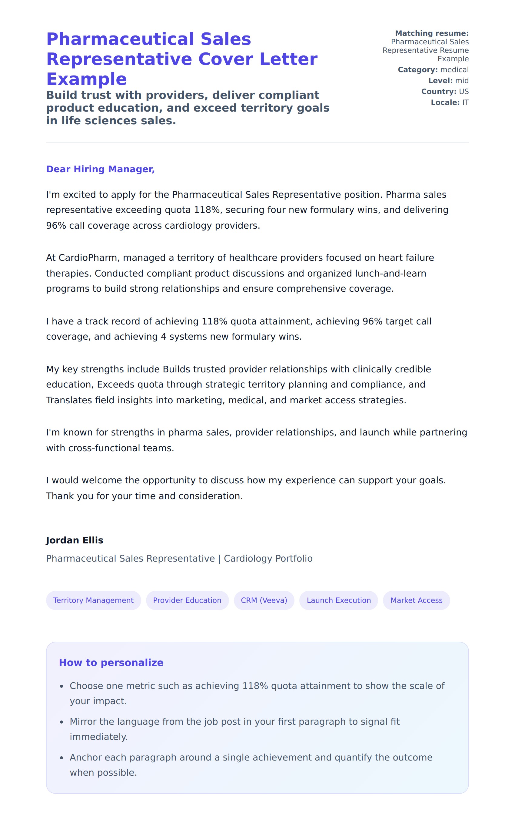 Cover Letter preview for Pharmaceutical Sales Representative Cover Letter Example
