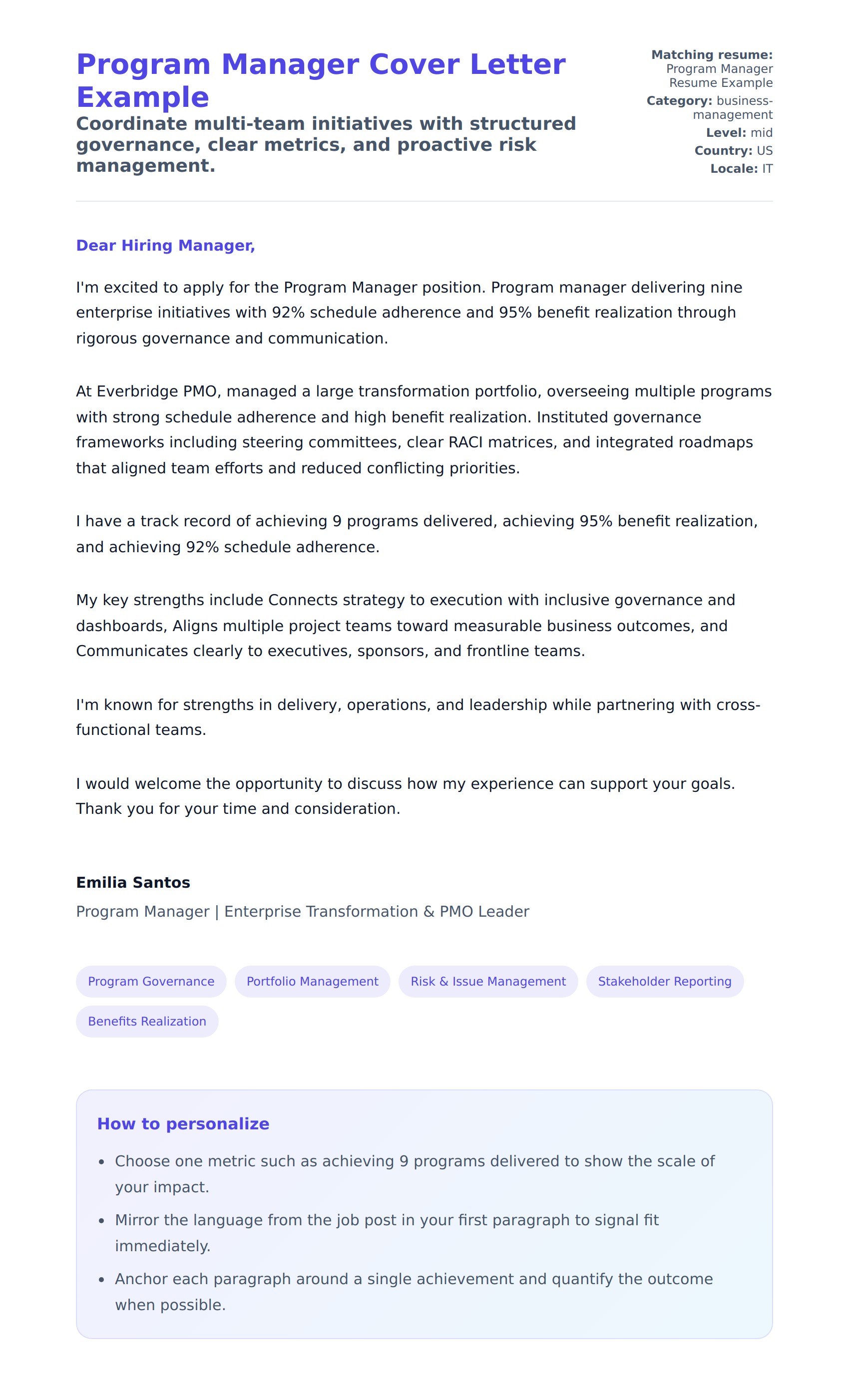 Cover Letter preview for Program Manager Cover Letter Example