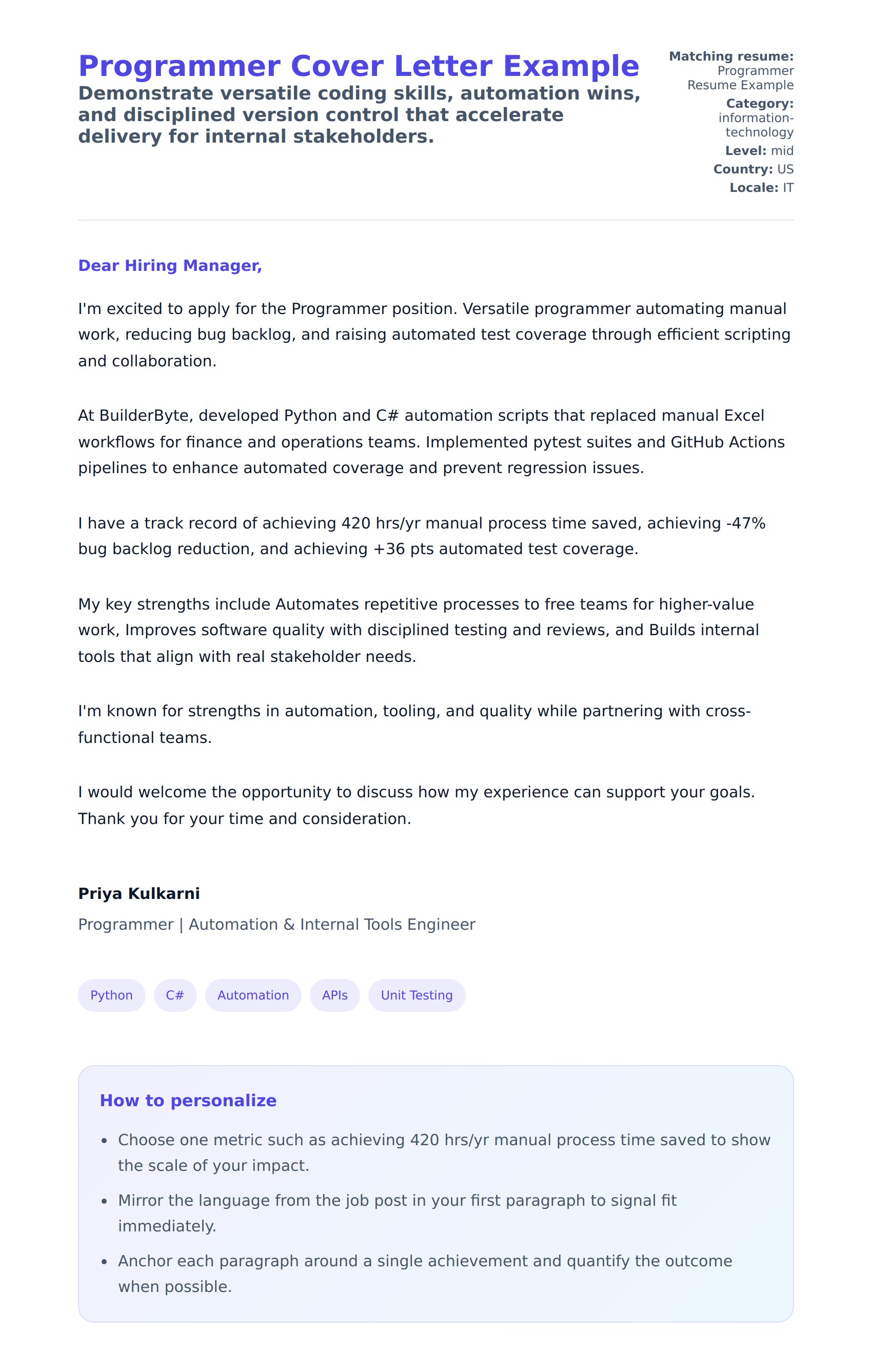 Cover Letter preview for Programmer Cover Letter Example