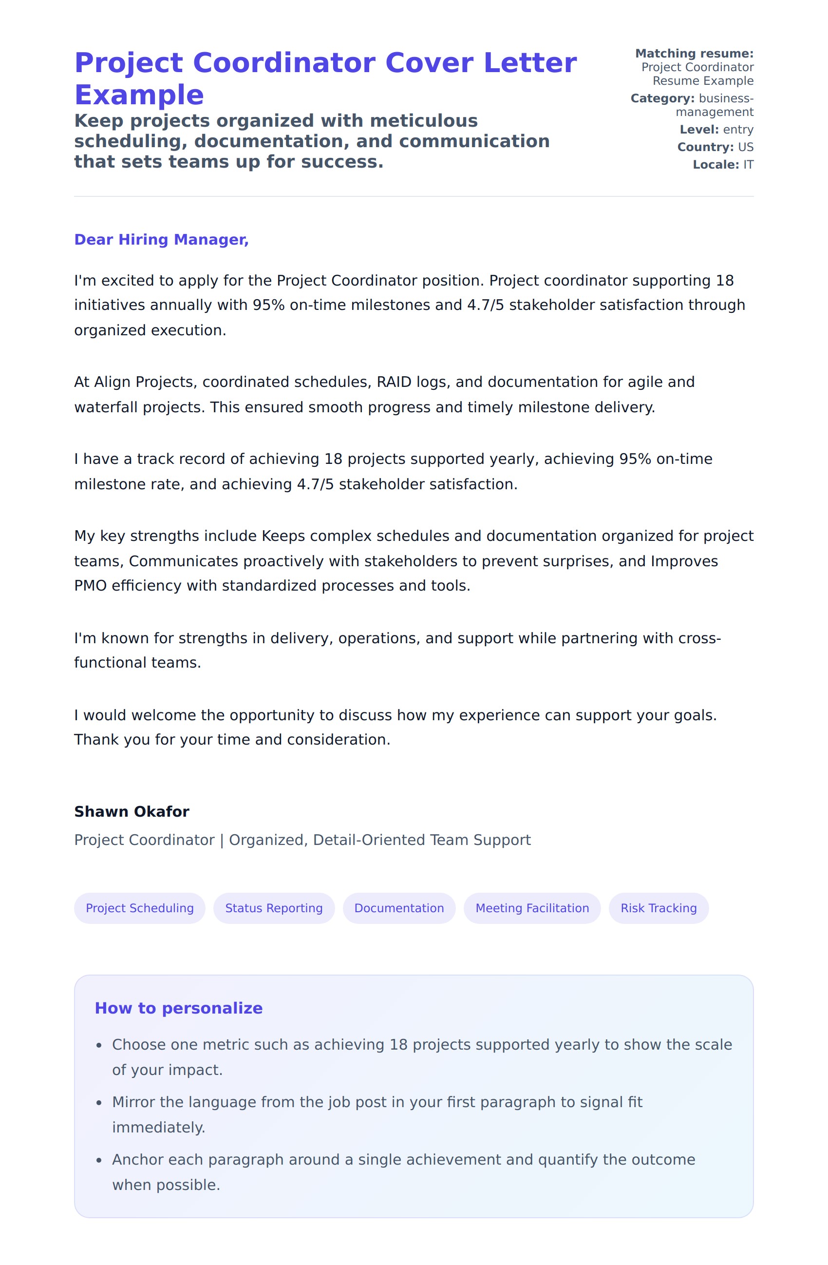 Cover Letter preview for Project Coordinator Cover Letter Example