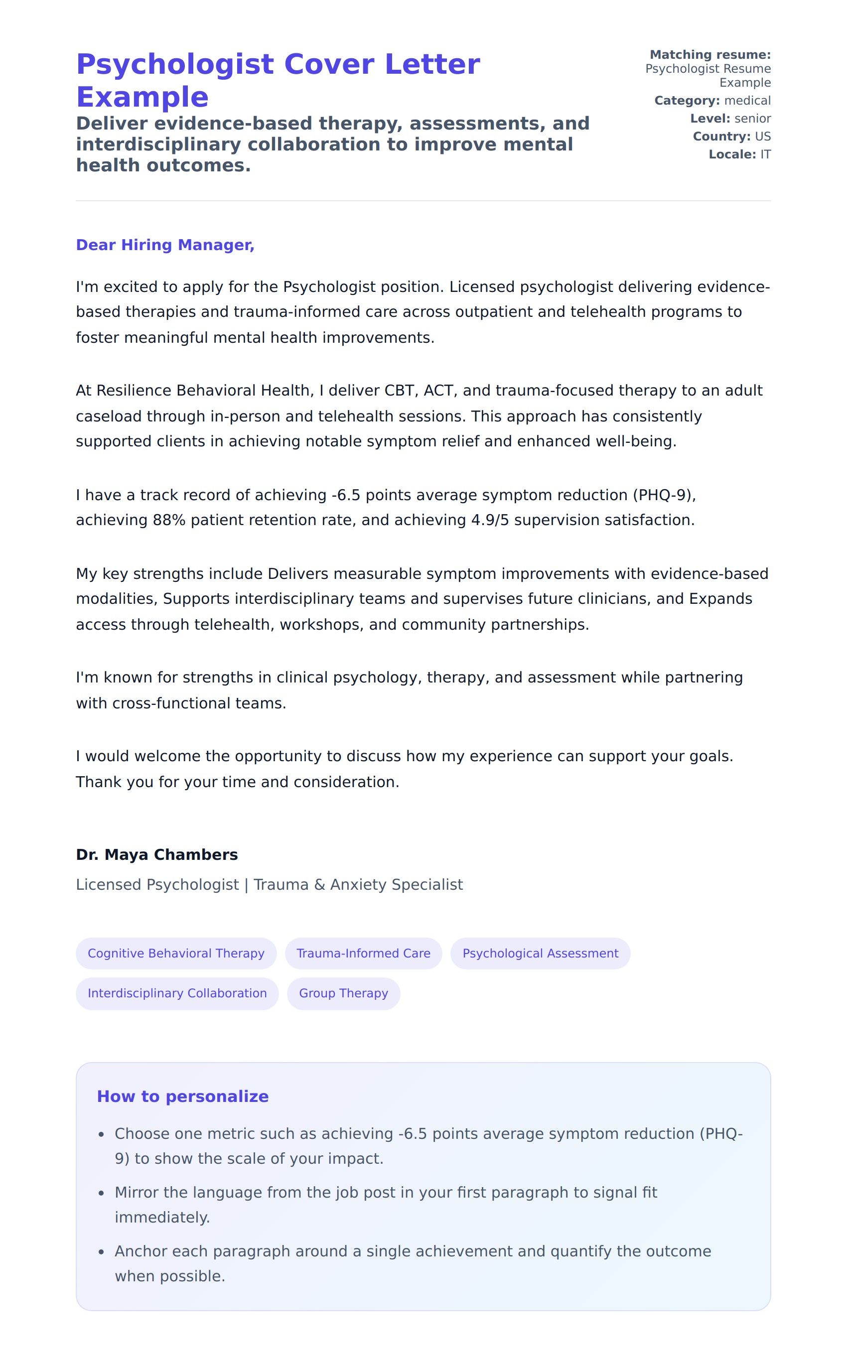 Cover Letter preview for Psychologist Cover Letter Example