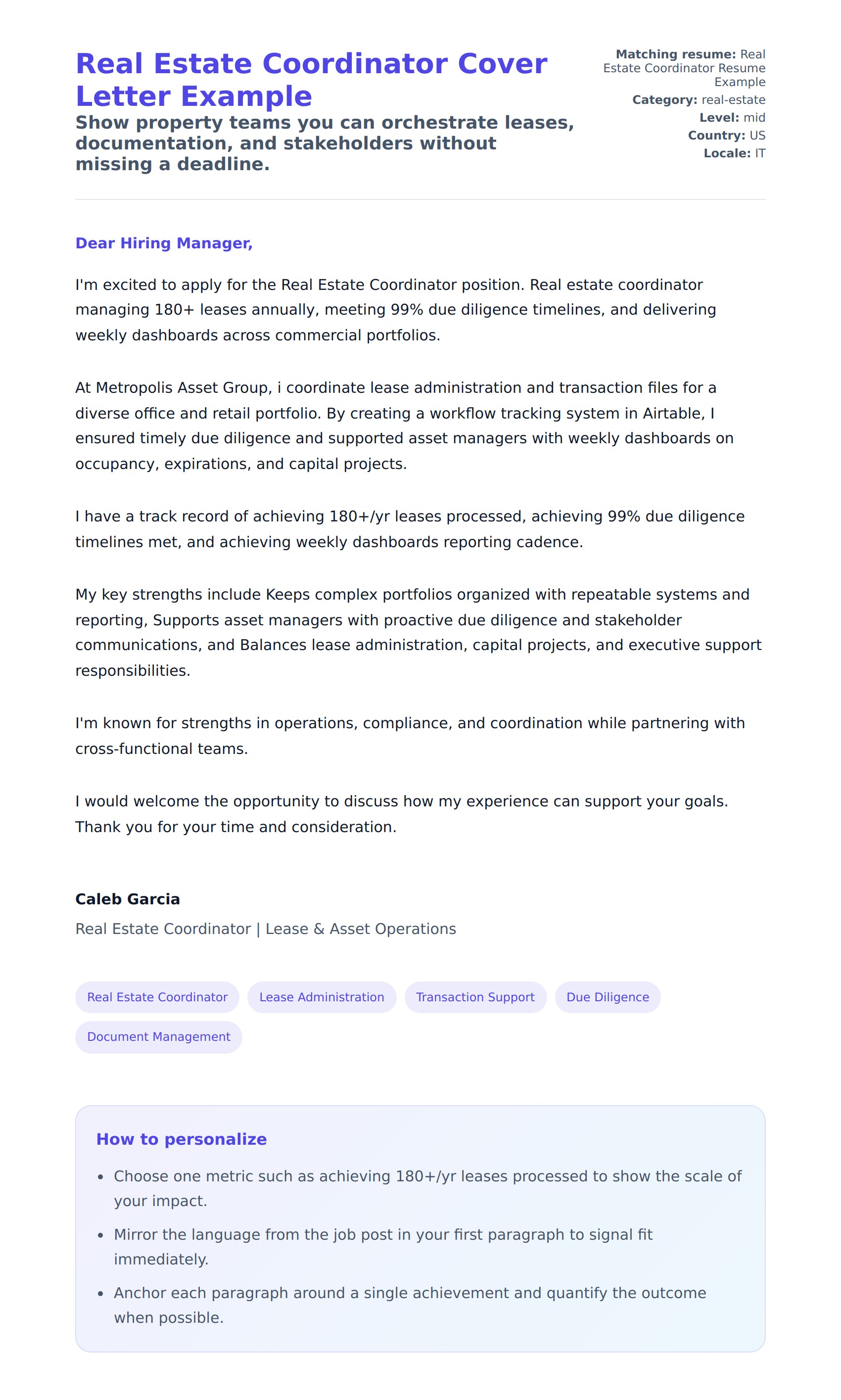 Cover Letter preview for Real Estate Coordinator Cover Letter Example