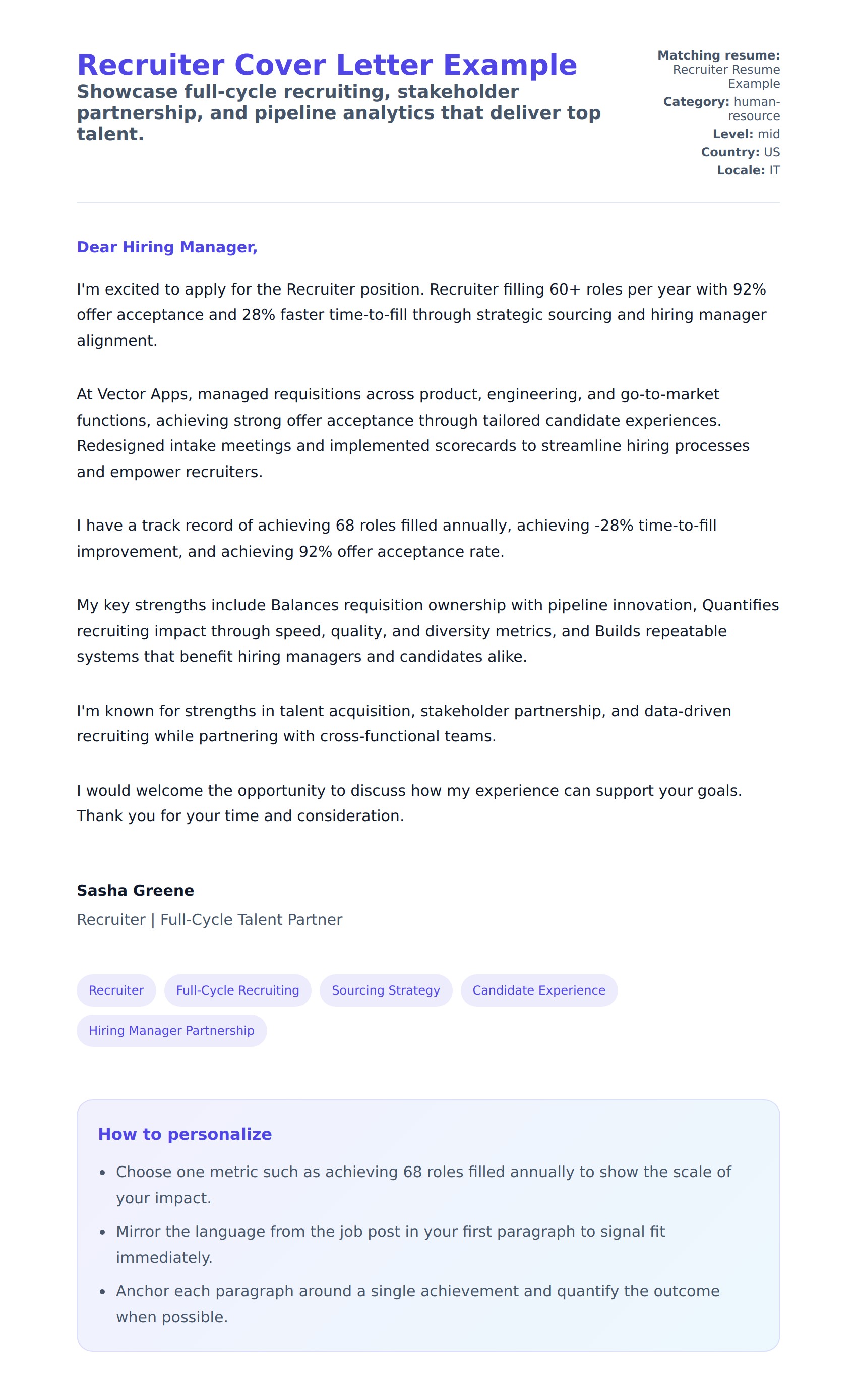 Cover Letter preview for Recruiter Cover Letter Example