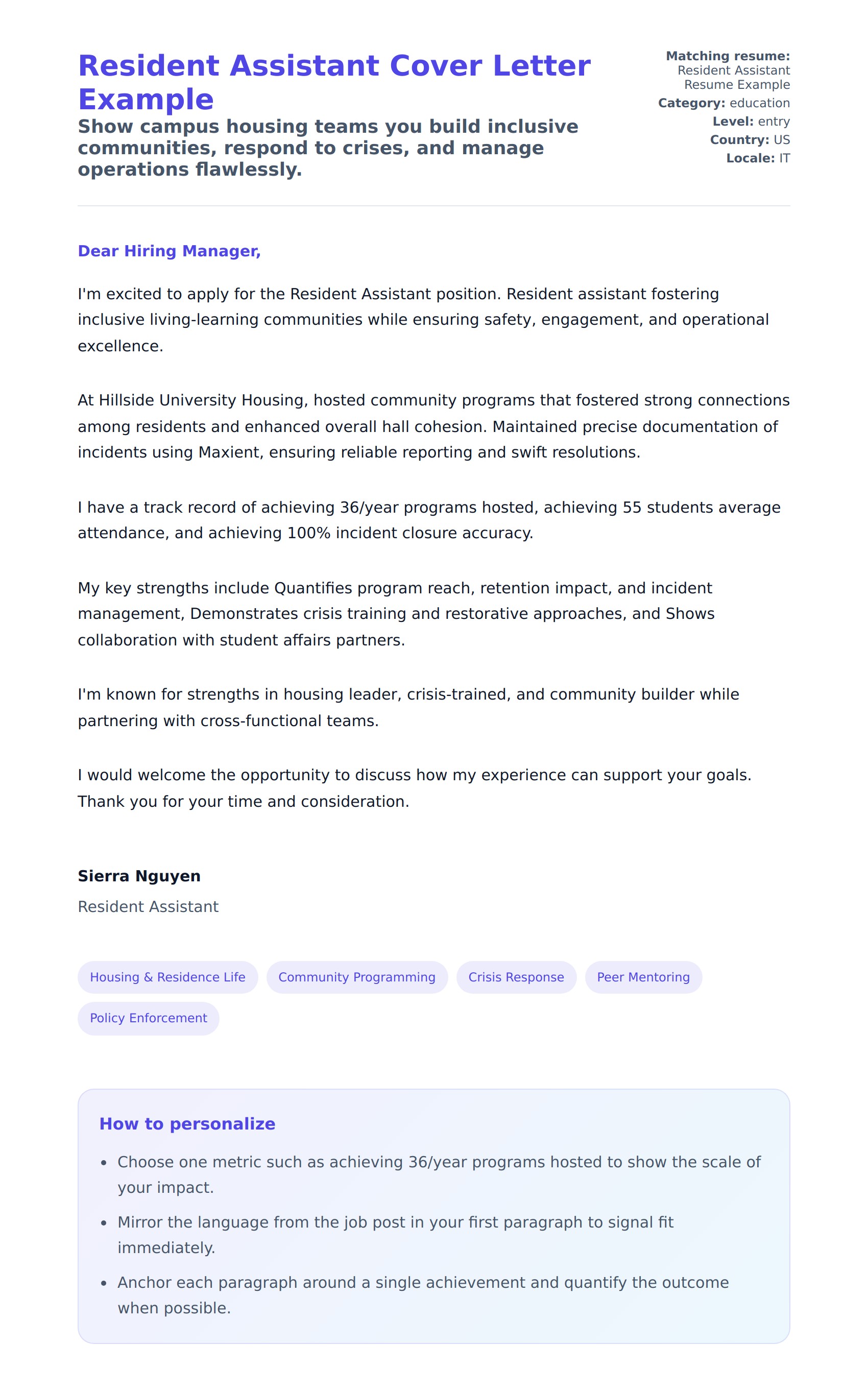 Cover Letter preview for Resident Assistant Cover Letter Example