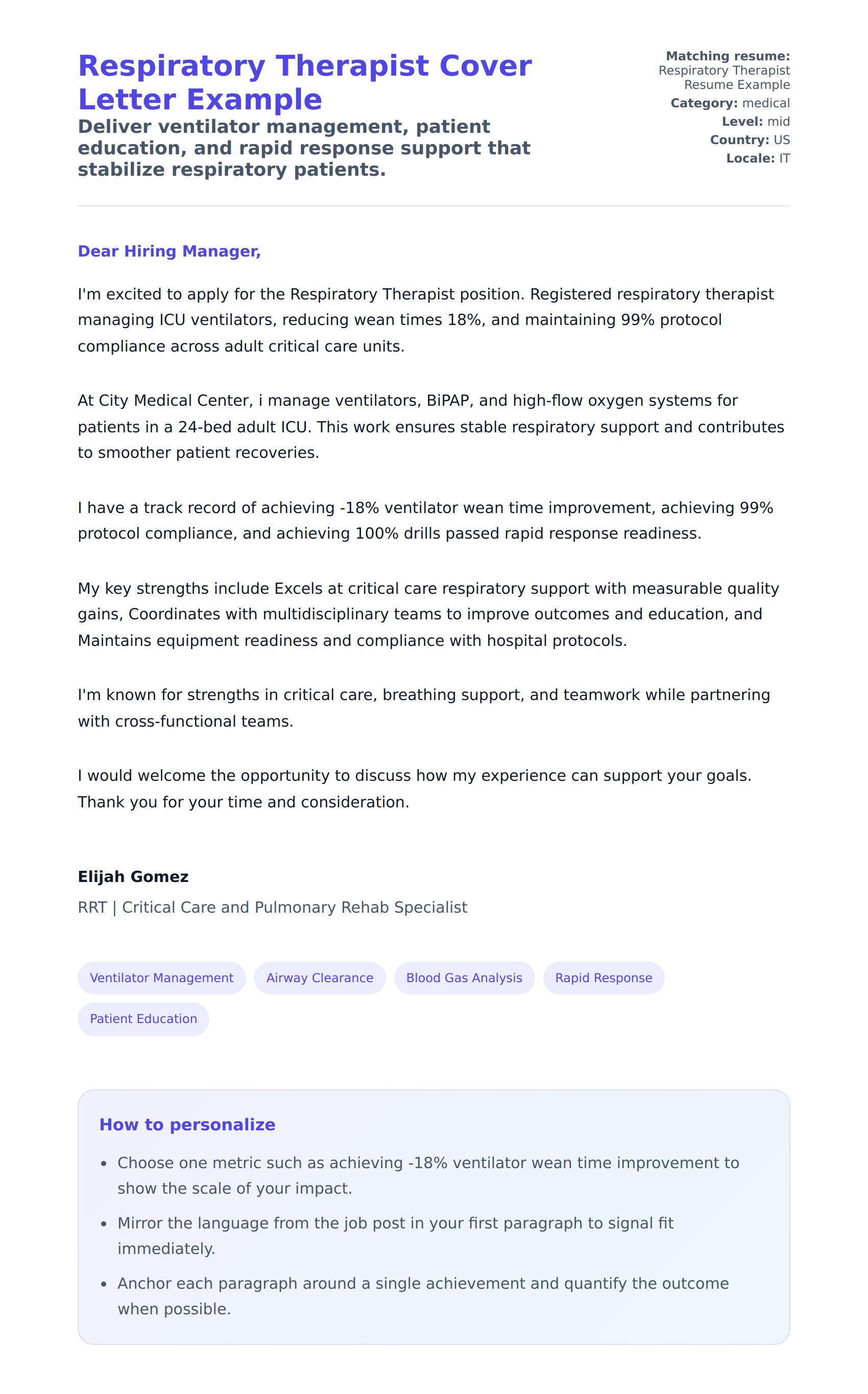 Cover Letter preview for Respiratory Therapist Cover Letter Example