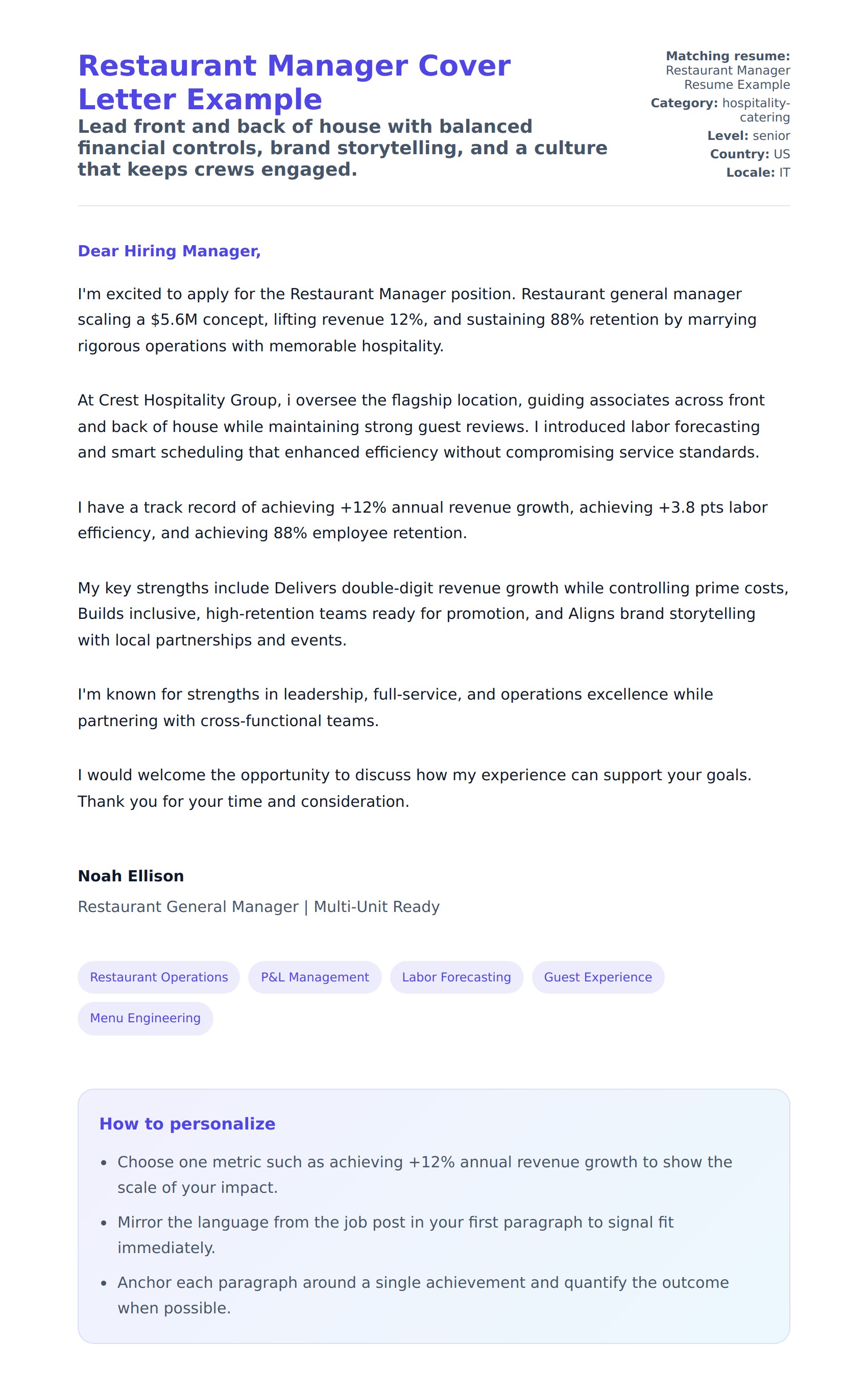 Cover Letter preview for Restaurant Manager Cover Letter Example
